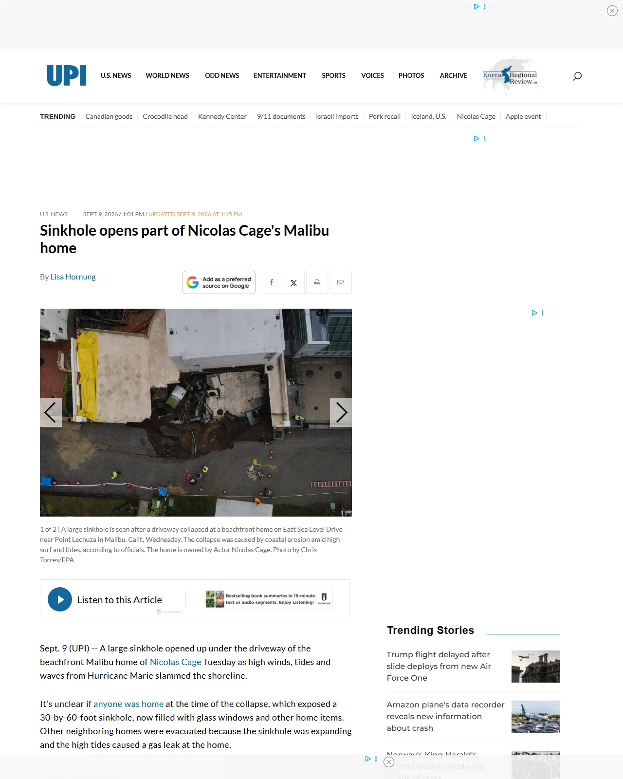 upi.com as published: Sinkhole opens part of Nicolas Cage's Malibu home