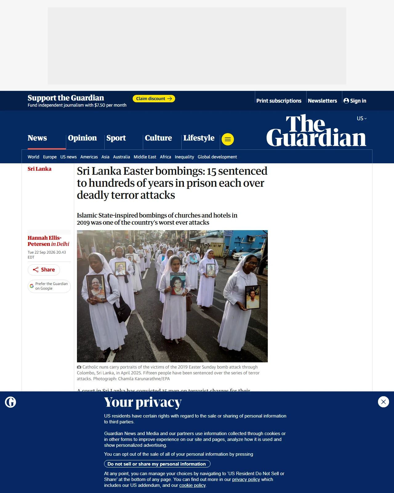 theguardian.com as published: Sri Lanka Easter bombings: 15 sentenced to hundreds of years in prison each over deadly terror attacks