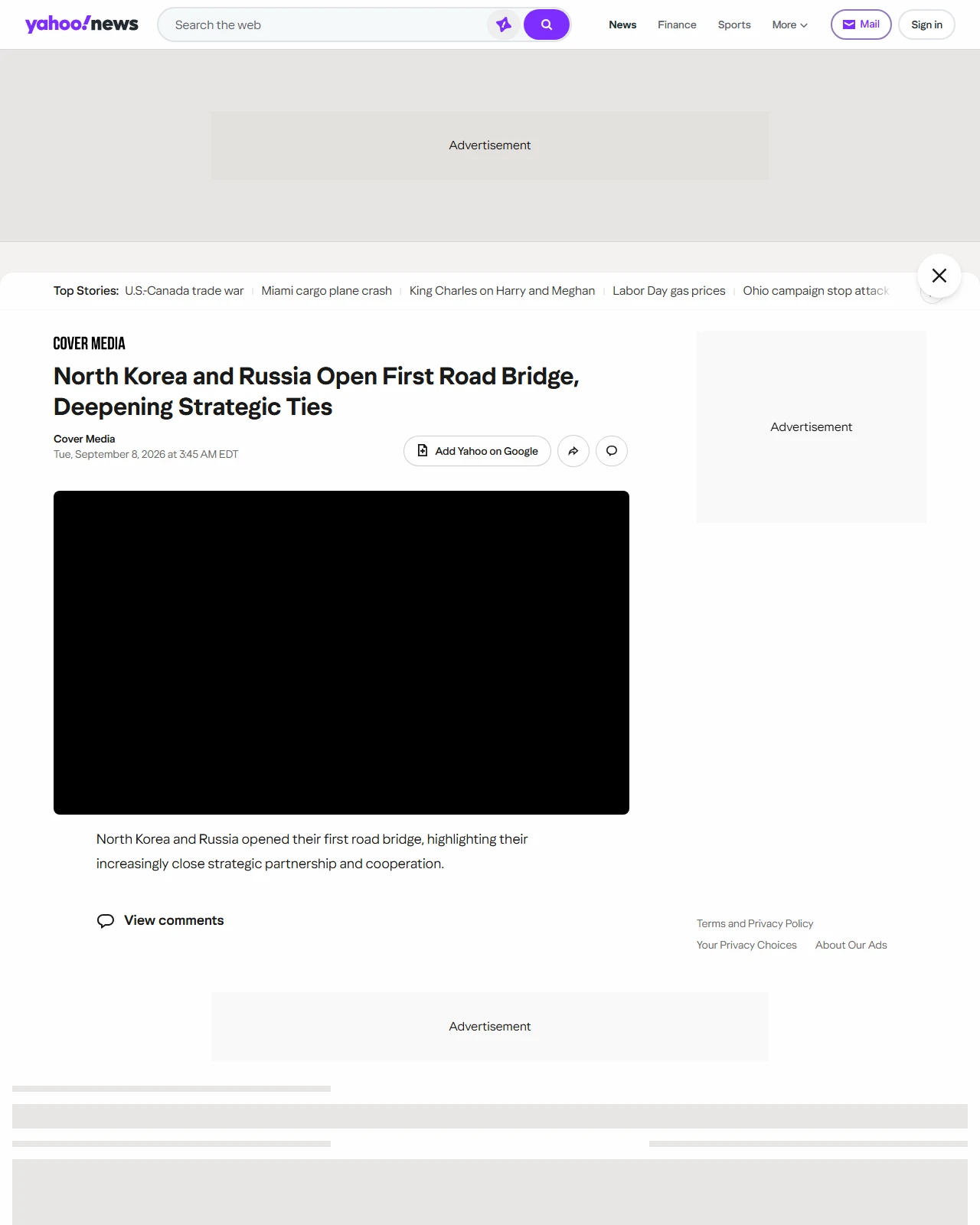yahoo.com as published: North Korea and Russia Open First Road Bridge, Deepening Strategic Ties