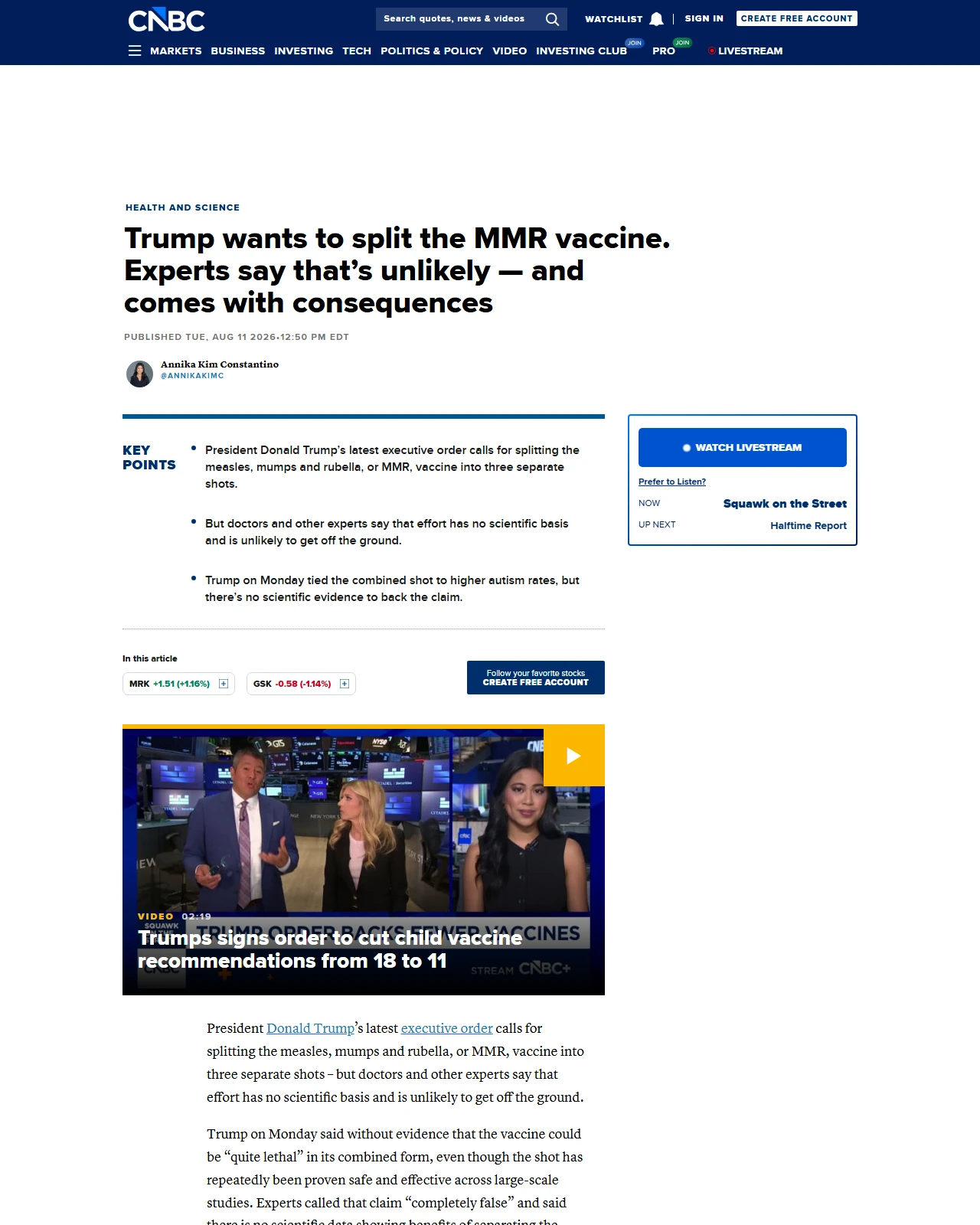 cnbc.com as published: Trump wants to split the MMR vaccine. Experts say that's unlikely — and comes with consequences