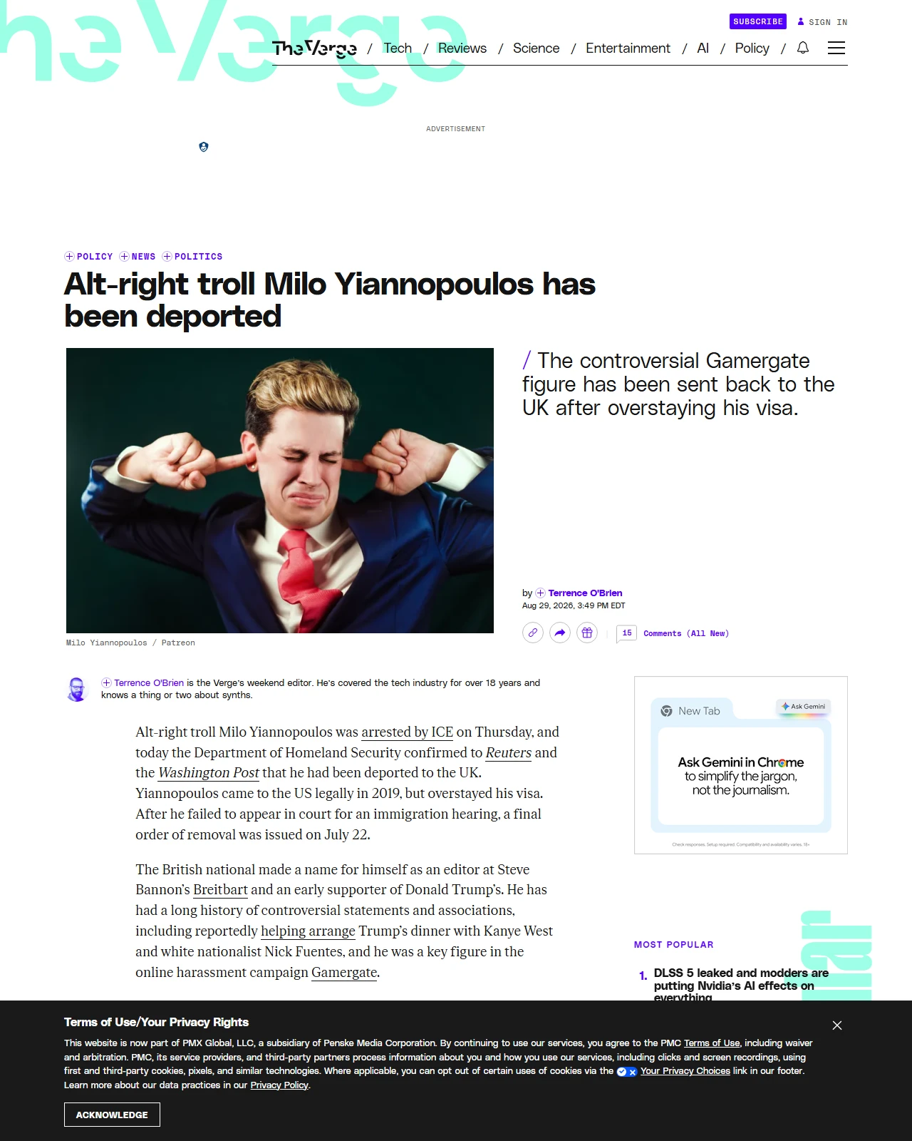 theverge.com as published: Alt-right troll Milo Yiannopoulos has been deported by ICE