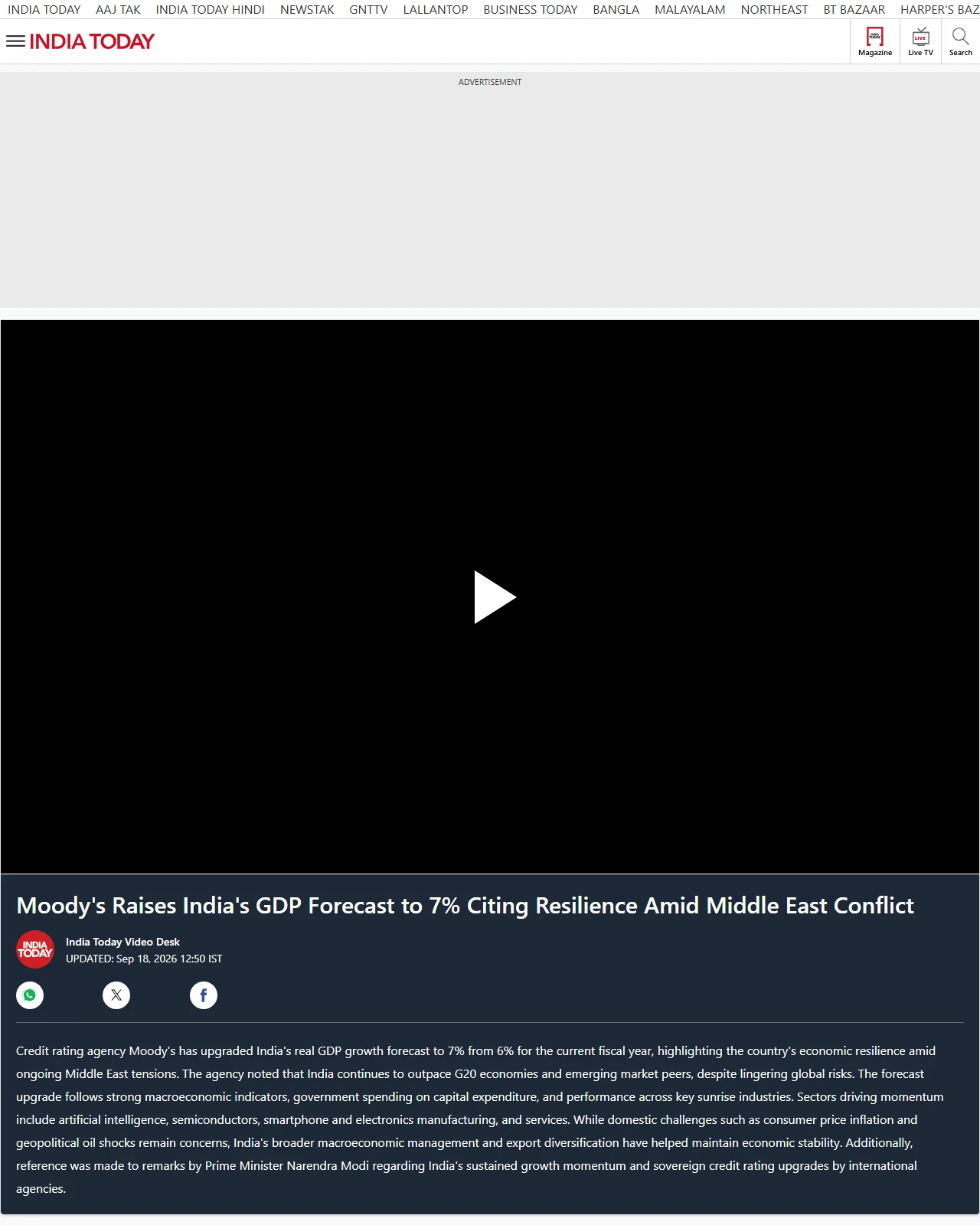 indiatoday.in as published: Moody's Raises India's GDP Forecast to 7% Citing Resilience Amid Middle East Conflict - India Today