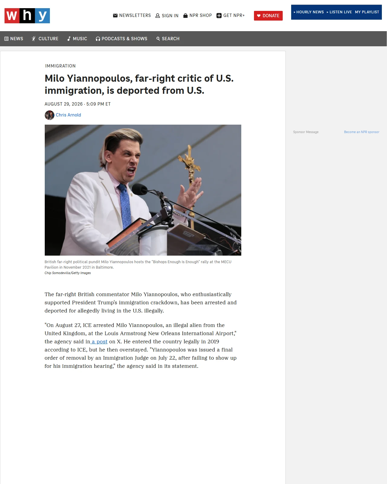 npr.org as published: Milo Yiannopoulos, far-right critic of U.S. immigration, is deported from U.S.