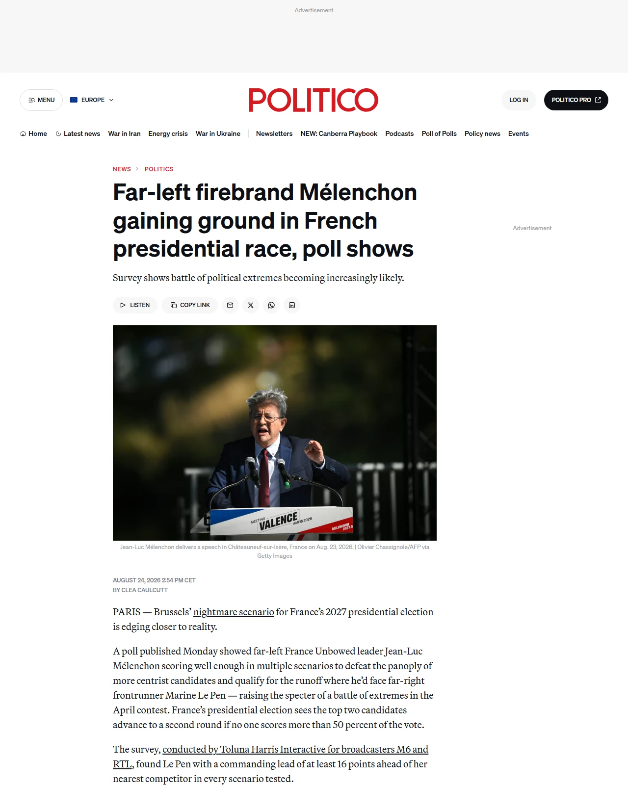 politico.eu as published: Far-left firebrand Mélenchon gaining ground in French presidential race, poll shows