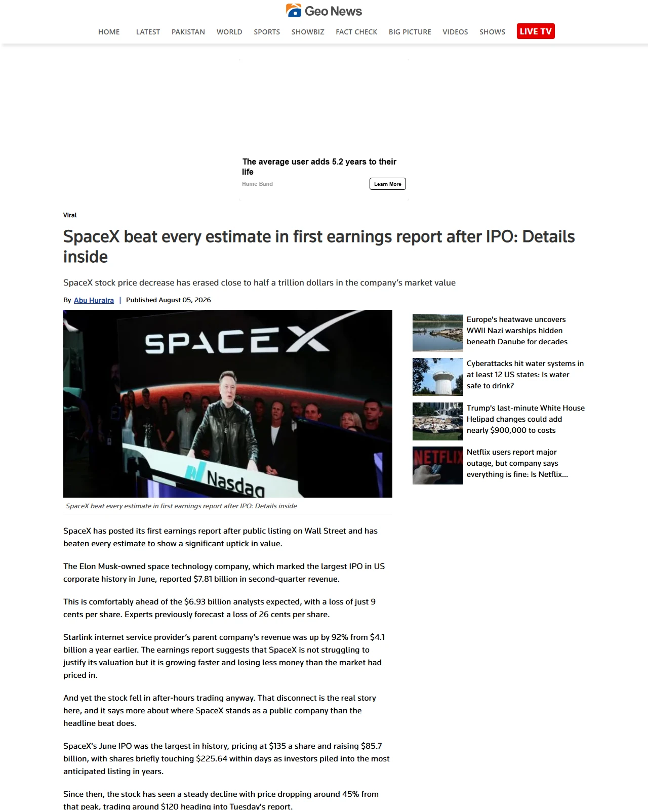 geo.tv as published: SpaceX beat every estimate in first earnings report after IPO: Details inside