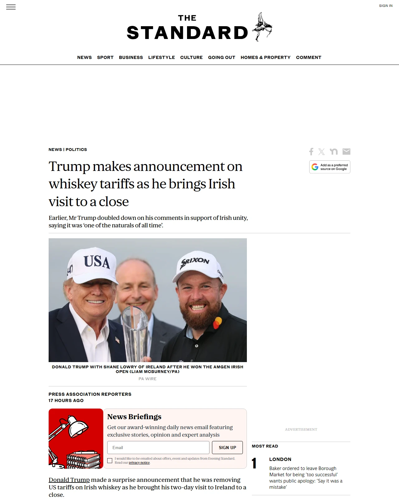standard.co.uk as published: Trump makes announcement on whiskey tariffs as he brings Irish visit to a close
