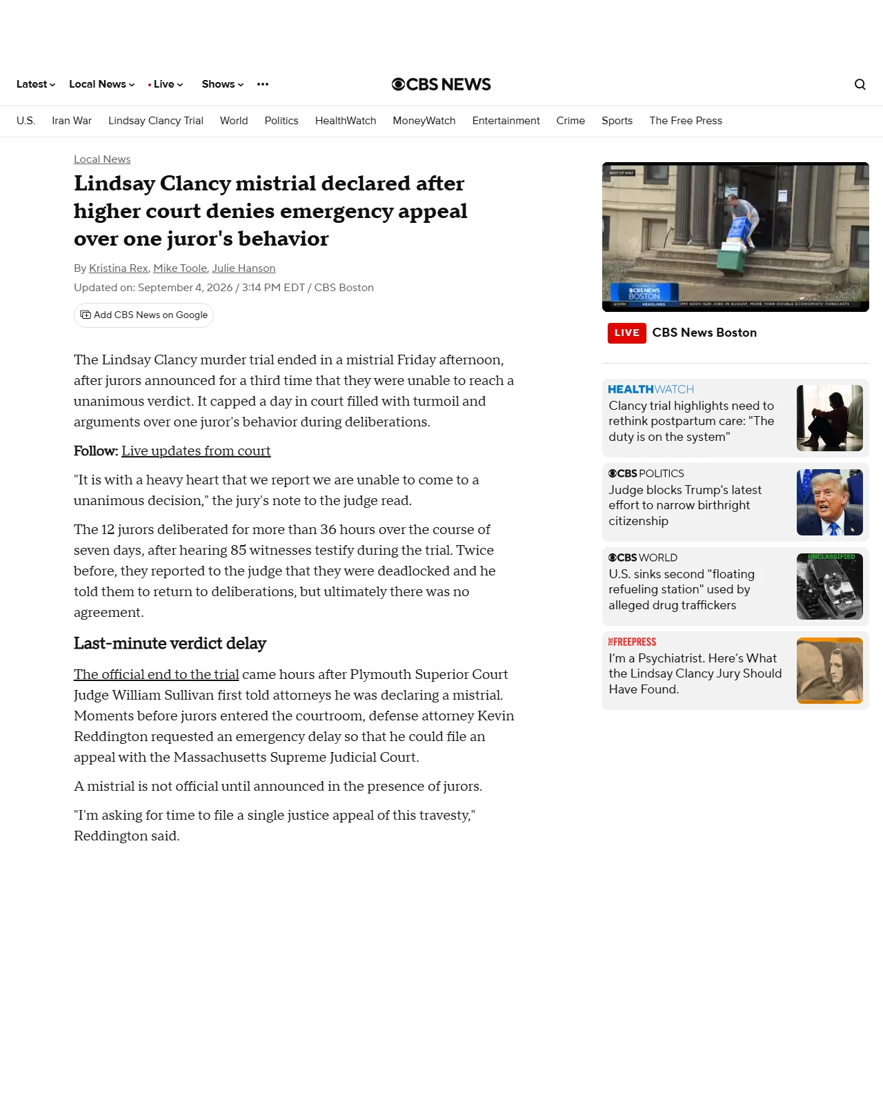 cbsnews.com as published: Lindsay Clancy murder case ends in mistrial after SJC denies emergency appeal