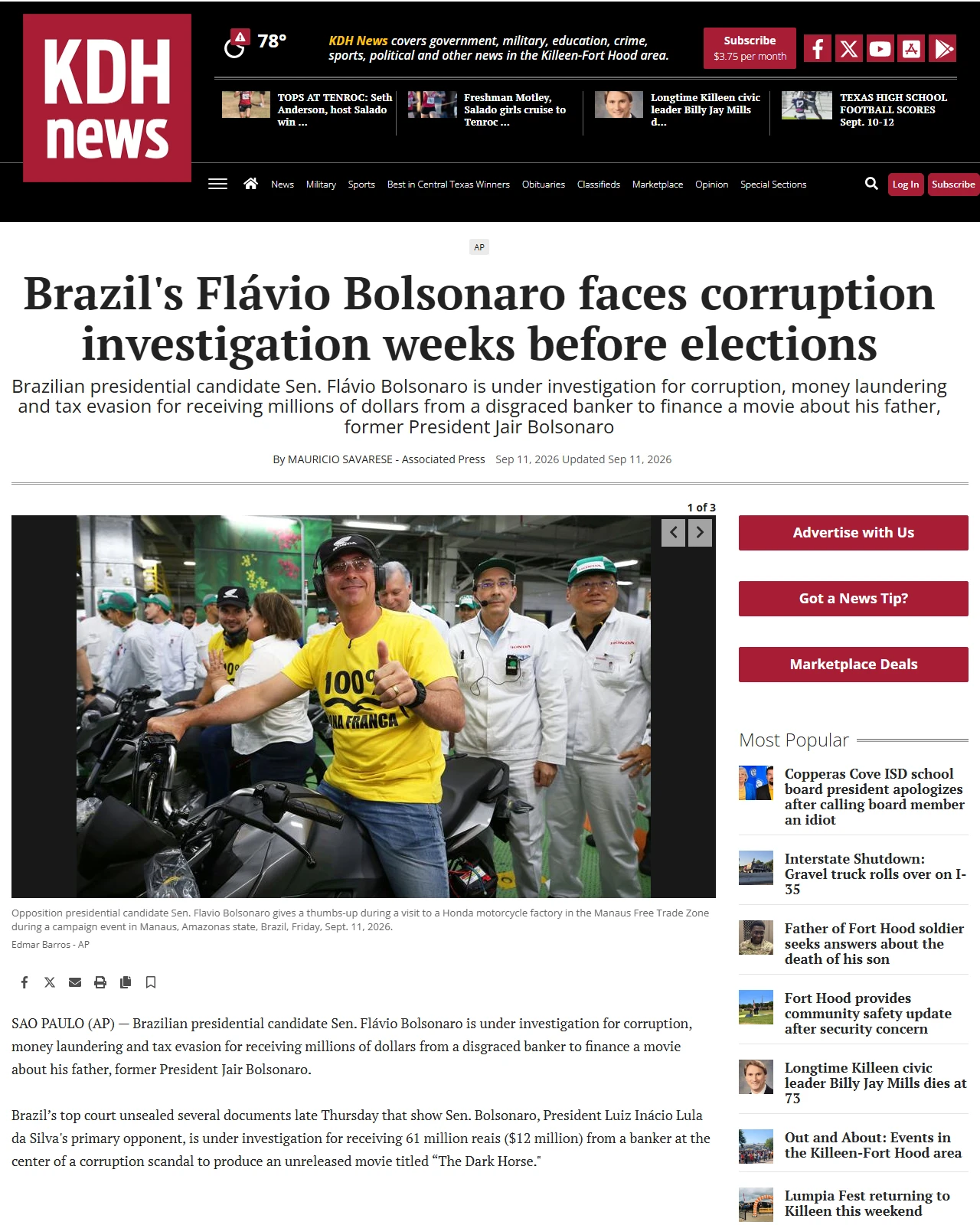 kdhnews.com as published: Brazil's Flávio Bolsonaro investigated over payments from disgraced banker