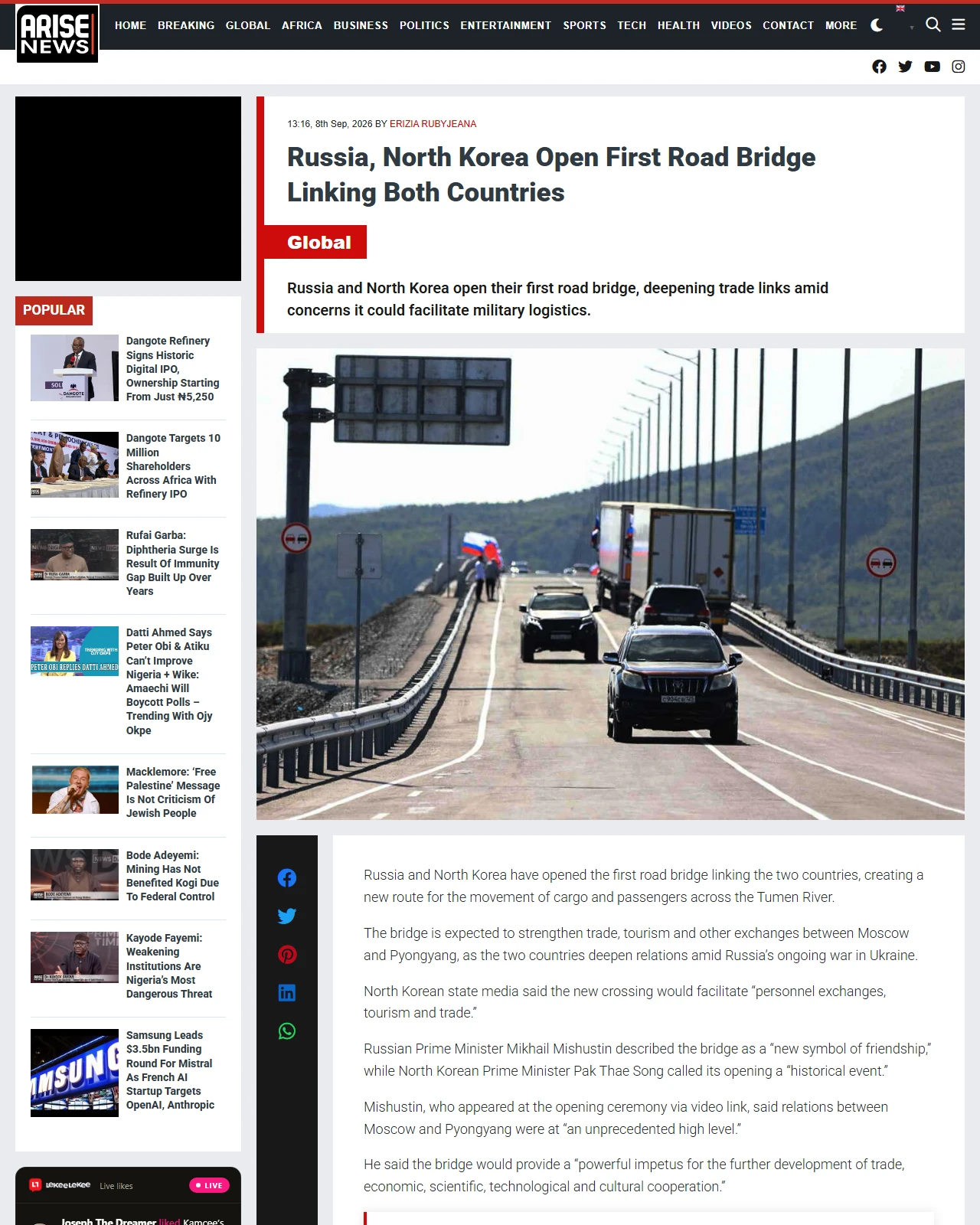 arise.tv as published: Russia, North Korea Open First Road Bridge Linking Both Countries
