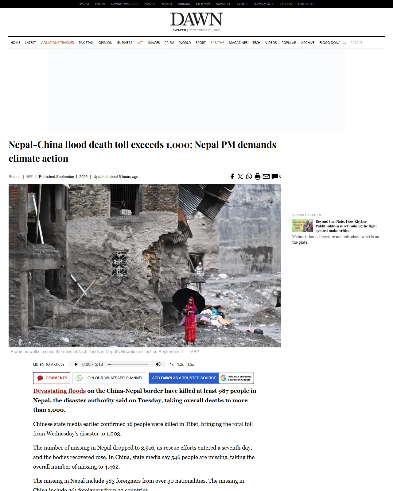 dawn.com as published: Nepal-China flood death toll exceeds 1,000; Nepal PM demands climate action