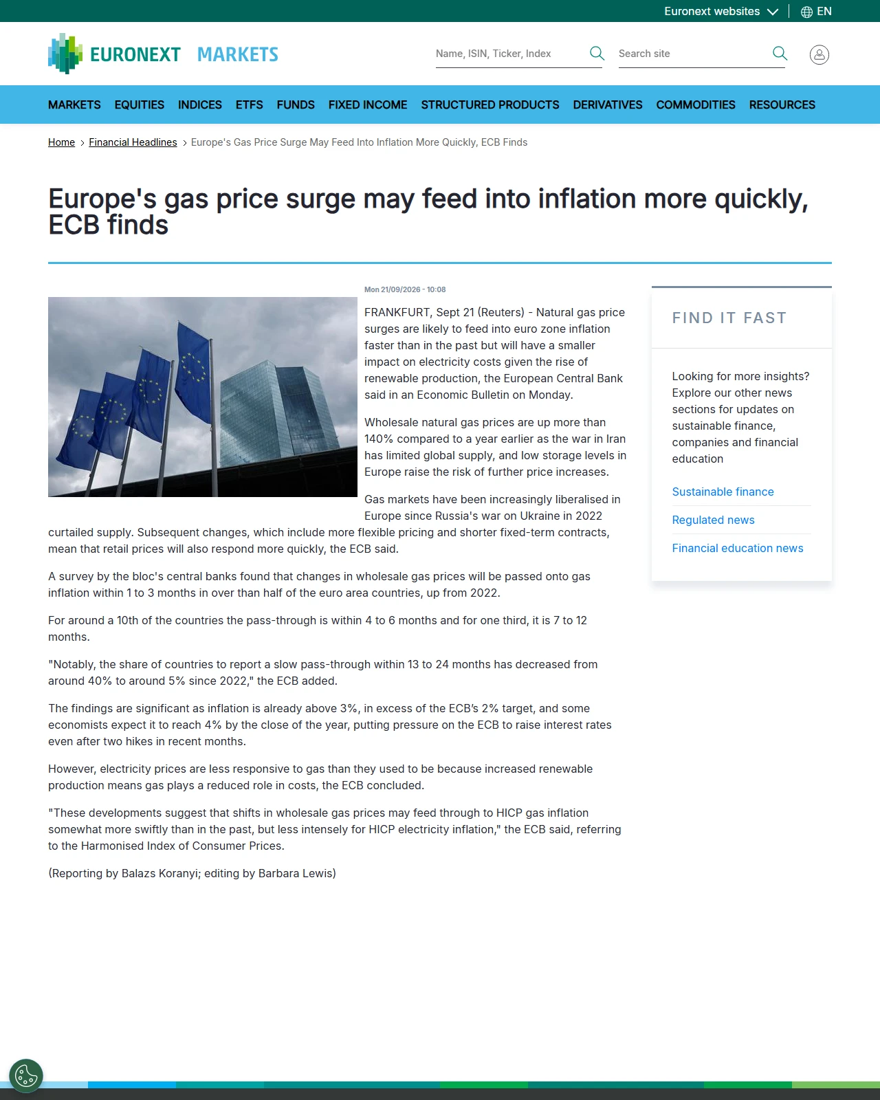 live.euronext.com as published: Europe's gas price surge may feed into inflation more quickly, ECB finds - Euronext Markets: Real-time Stock Market Data | live