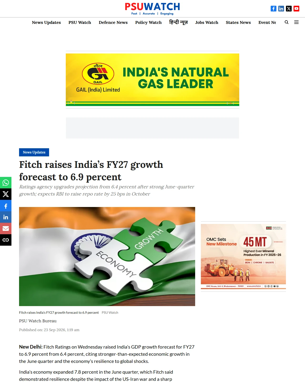 psuwatch.com as published: Fitch raises India’s FY27 growth forecast to 6.9 percent