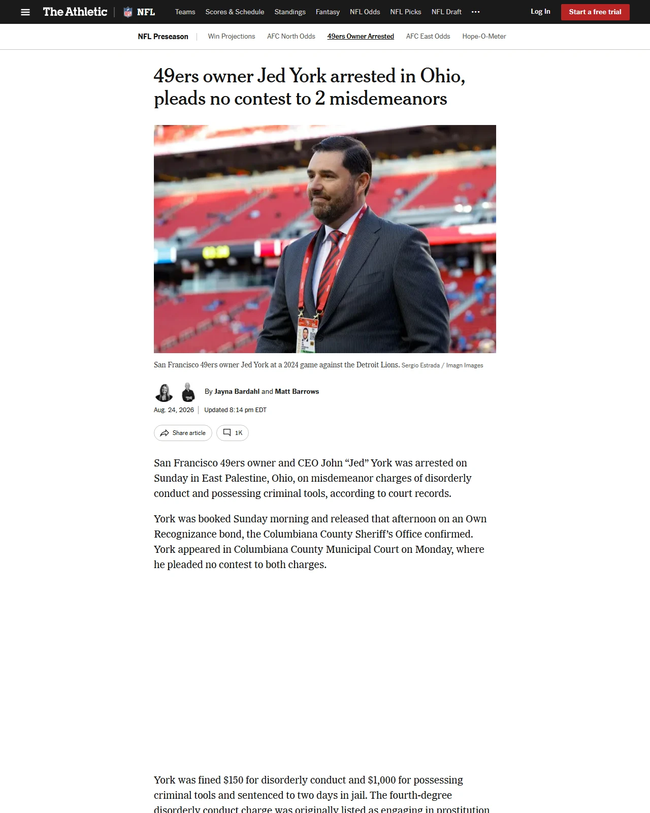 nytimes.com as published: 49ers owner Jed York arrested in Ohio, pleads no contest to 2 misdemeanors - The Athletic
