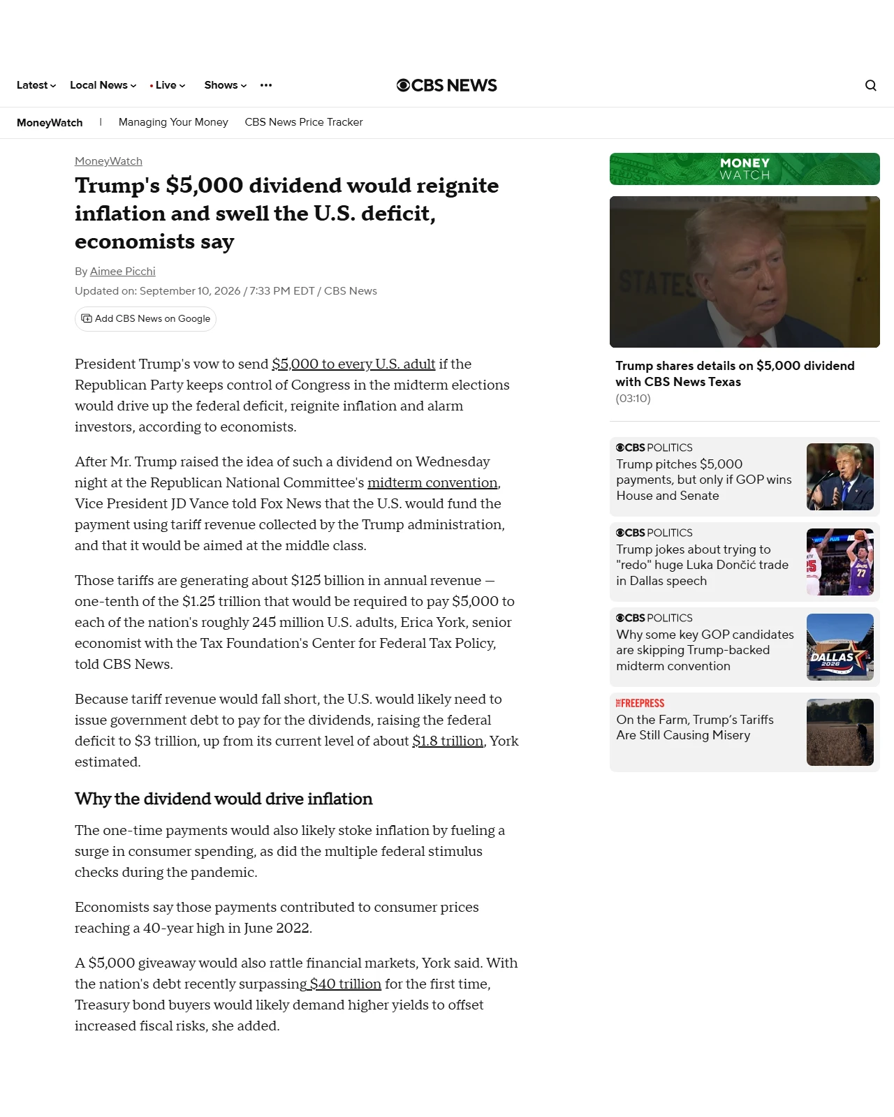 cbsnews.com as published: Trump's $5,000 dividend would reignite inflation and swell the U.S. deficit, economists say
