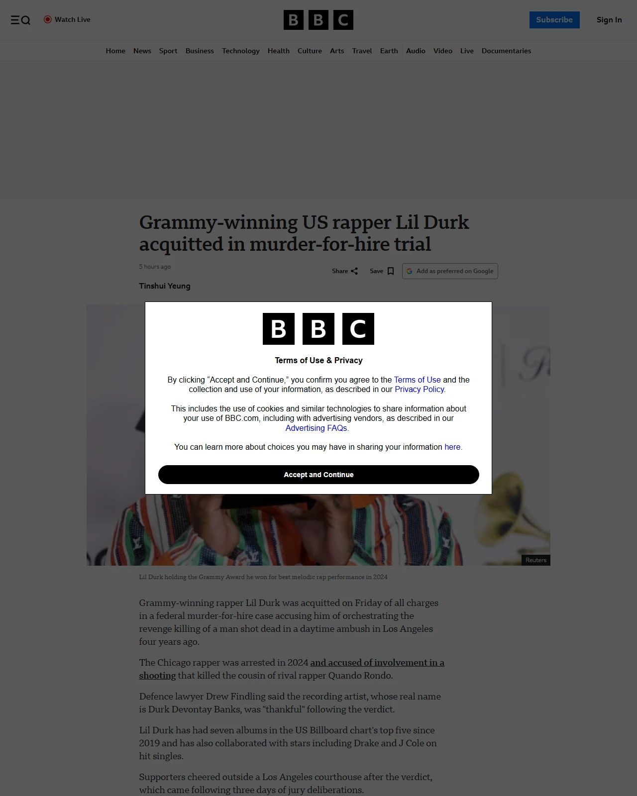 bbc.co.uk as published: Grammy-winning US rapper Lil Durk acquitted in murder-for-hire trial