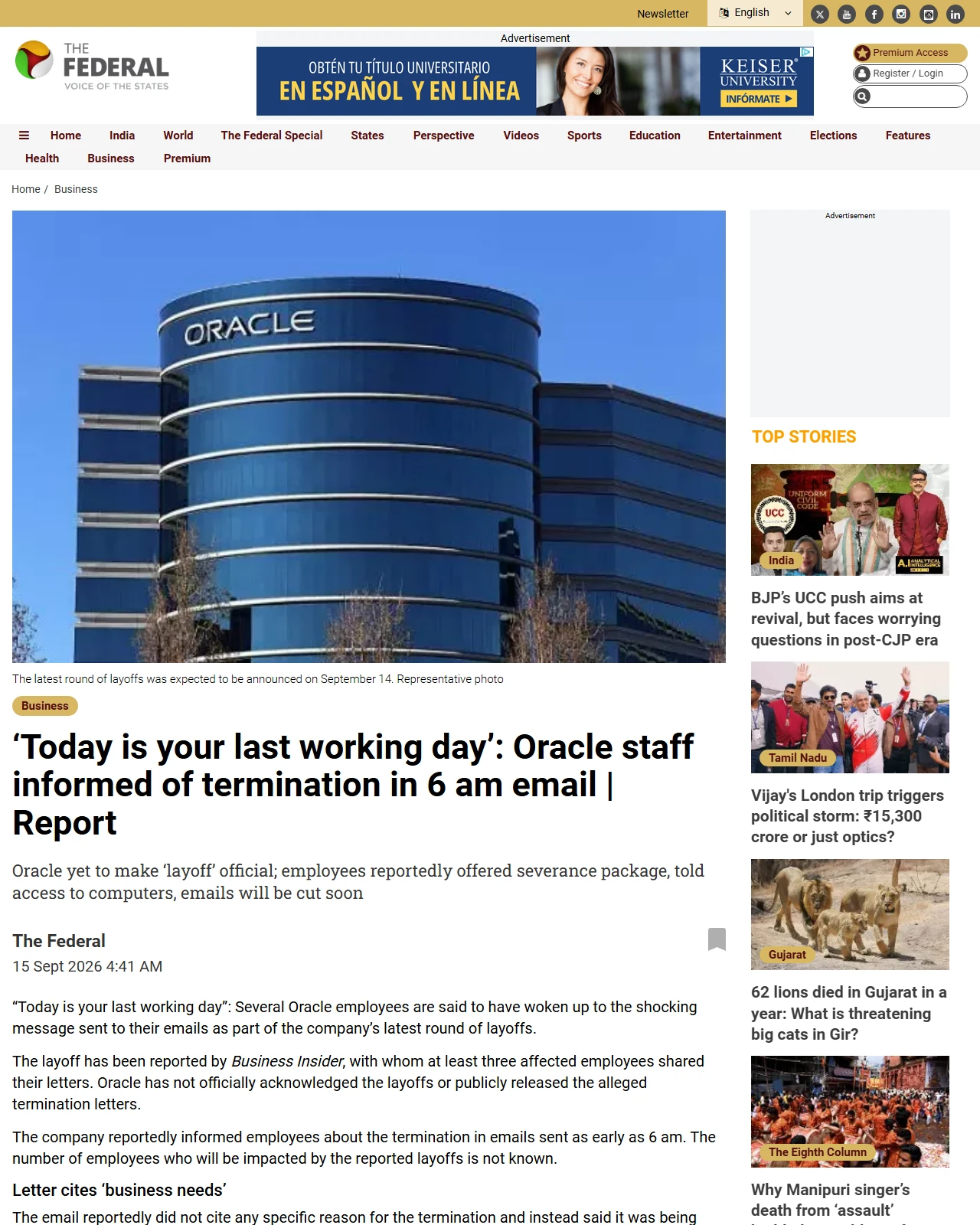 thefederal.com as published: ‘Today is your last working day’: Oracle staff informed of termination in 6 am email | Report
