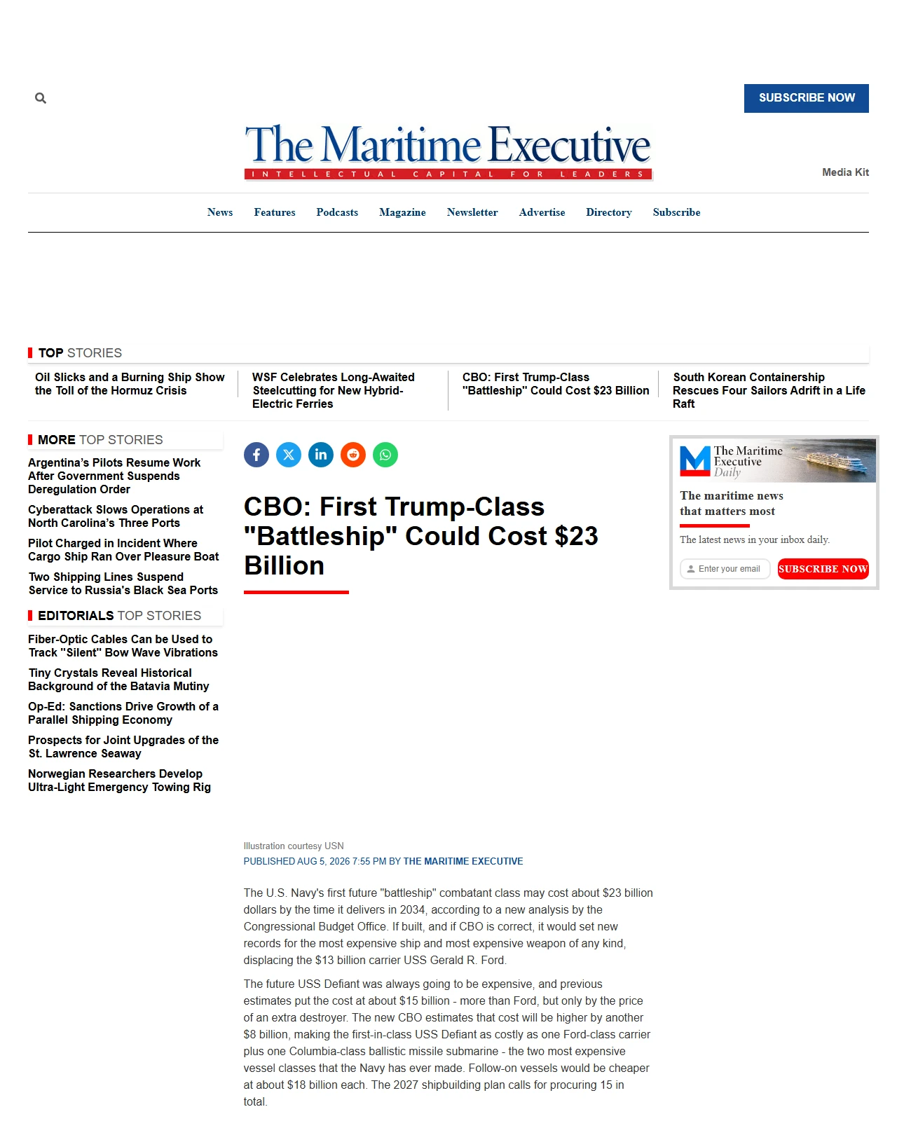 maritime-executive.com as published: CBO: First Trump-Class "Battleship" Could Cost $23 Billion - maritime-executive.com