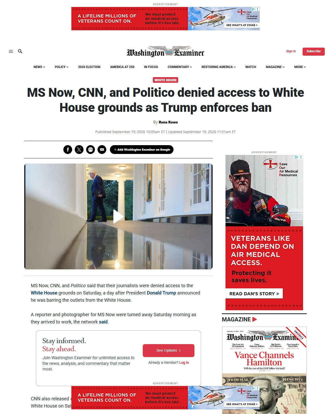 washingtonexaminer.com as published: MS Now, CNN, and Politico denied access to White House grounds as Trump enforces ban