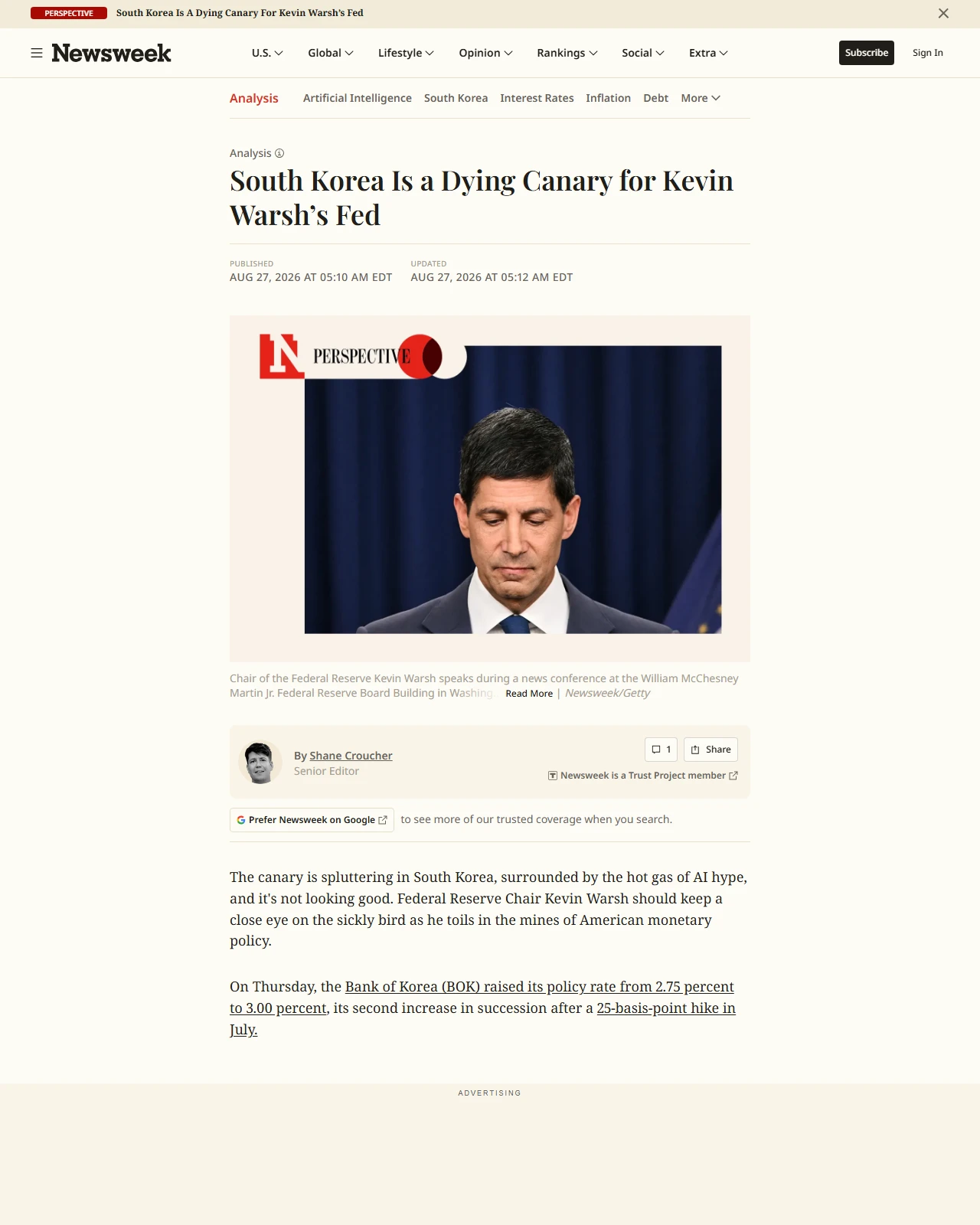 newsweek.com as published: South Korea Is a Dying Canary for Kevin Warsh’s Fed