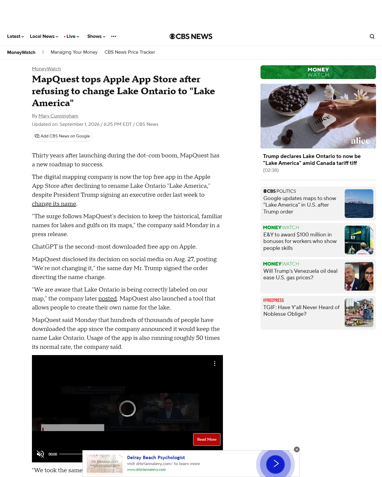 cbsnews.com as published: MapQuest hits No. 1 on App Store after refusing to rename Lake Ontario