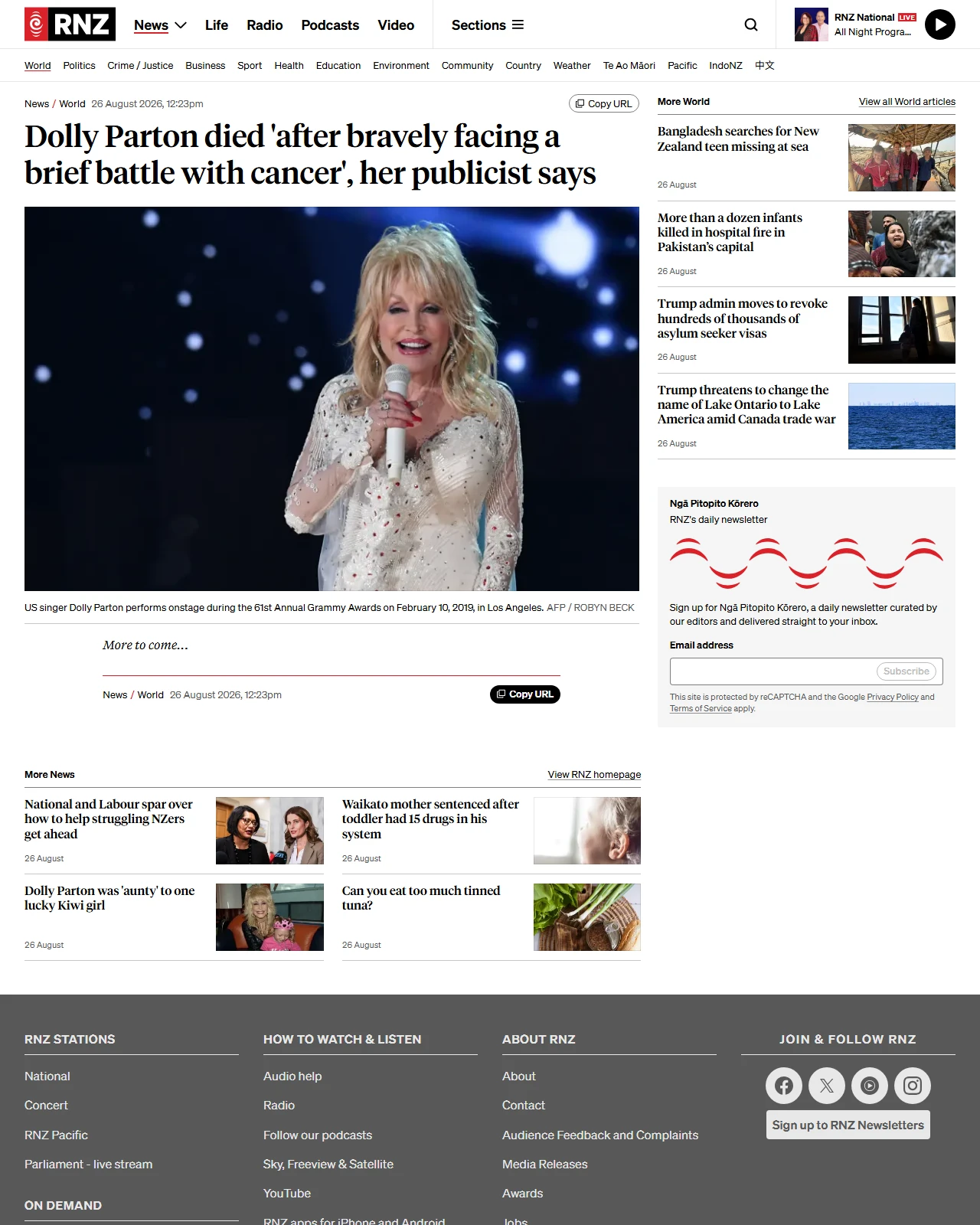 rnz.co.nz as published: Dolly Parton died 'after bravely facing a brief battle with cancer', her publicist says