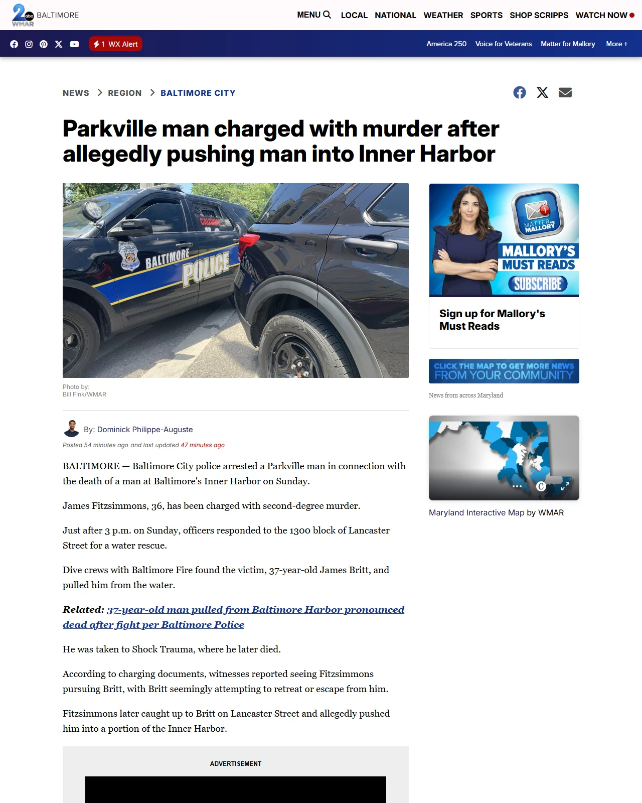 wmar2news.com as published: Parkville man charged with murder after allegedly pushing man into Inner Harbor