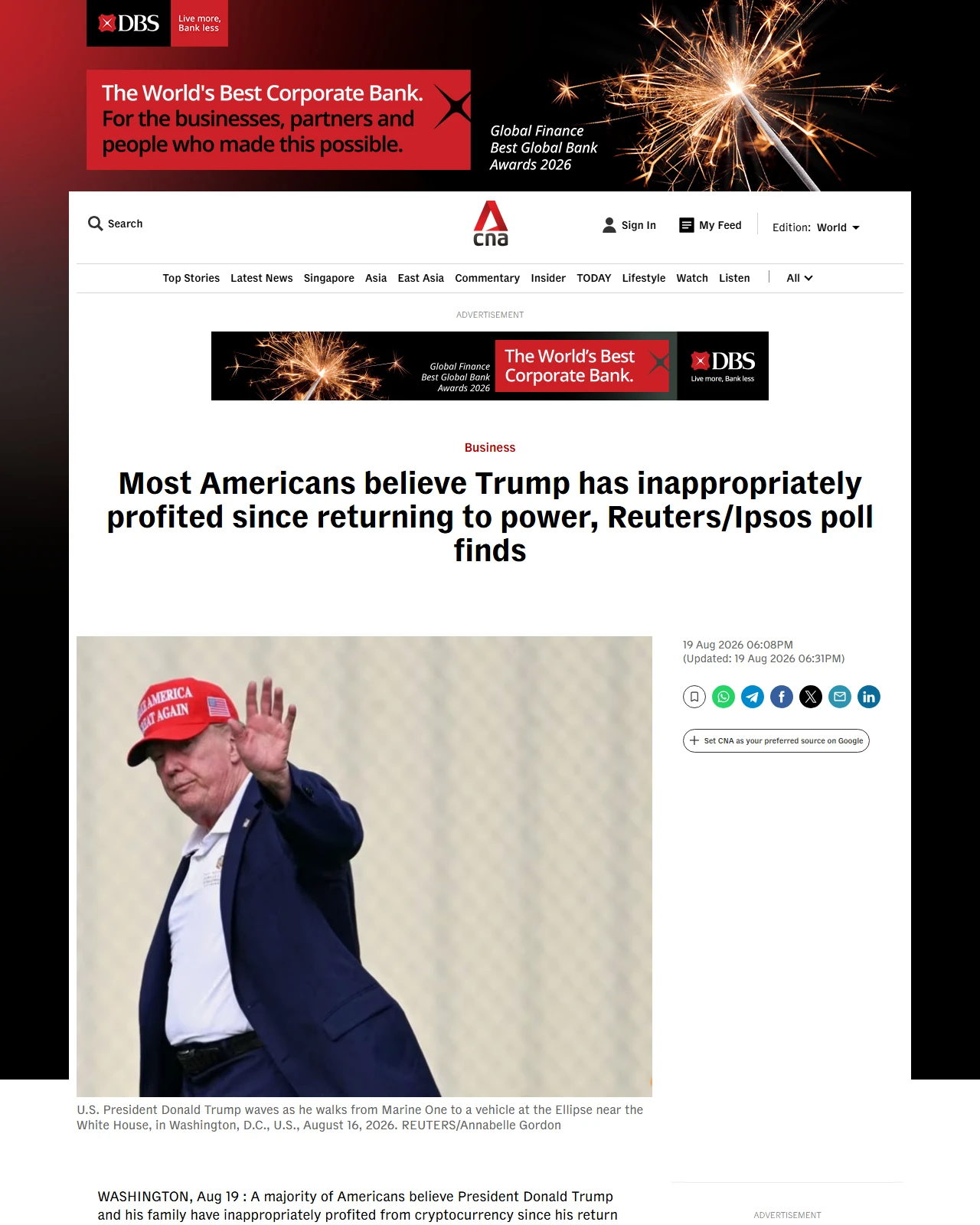 channelnewsasia.com as published: Most Americans believe Trump has inappropriately profited since returning to power, Reuters/Ipsos poll finds