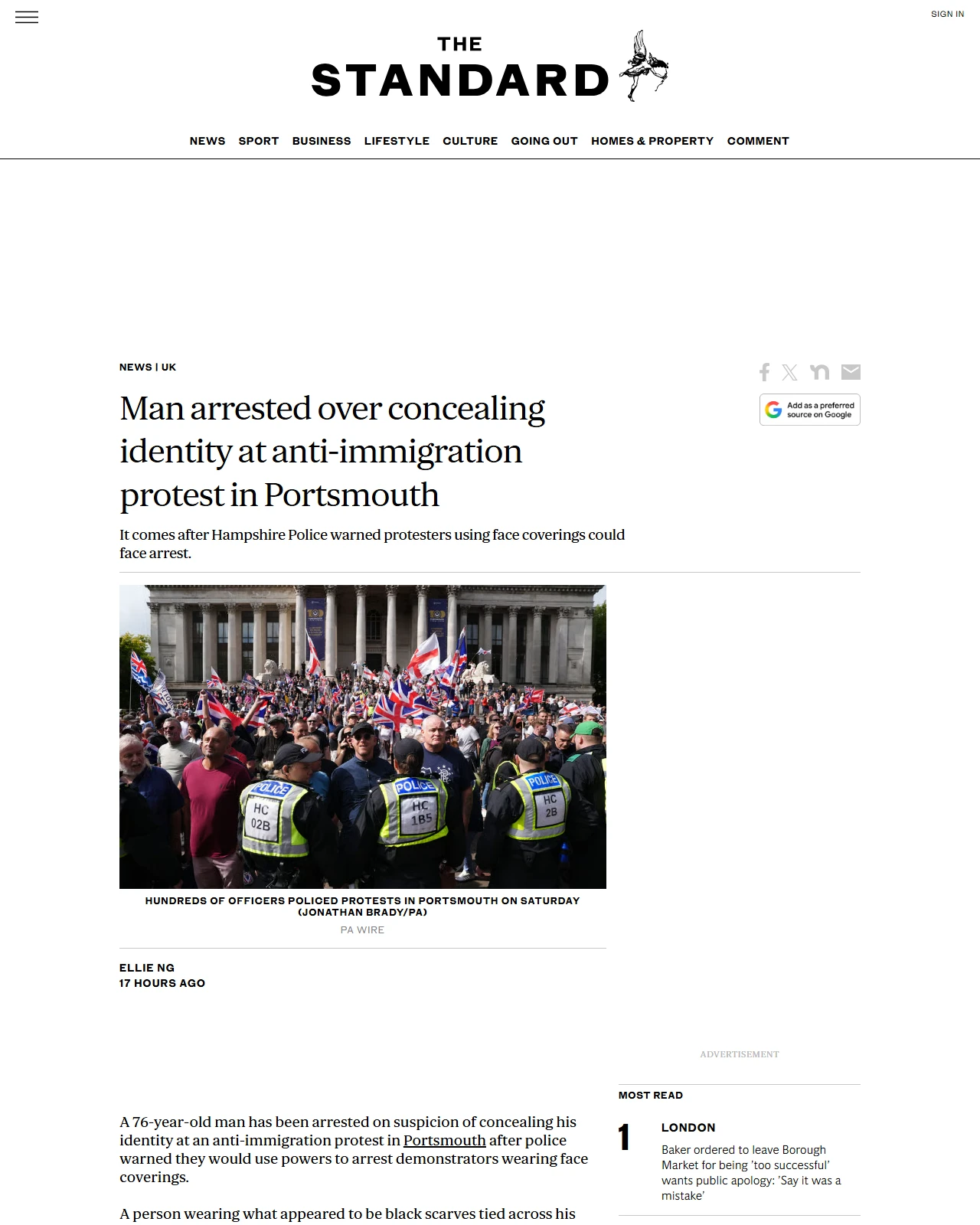 standard.co.uk as published: Man arrested over concealing identity at anti-immigration protest in Portsmouth
