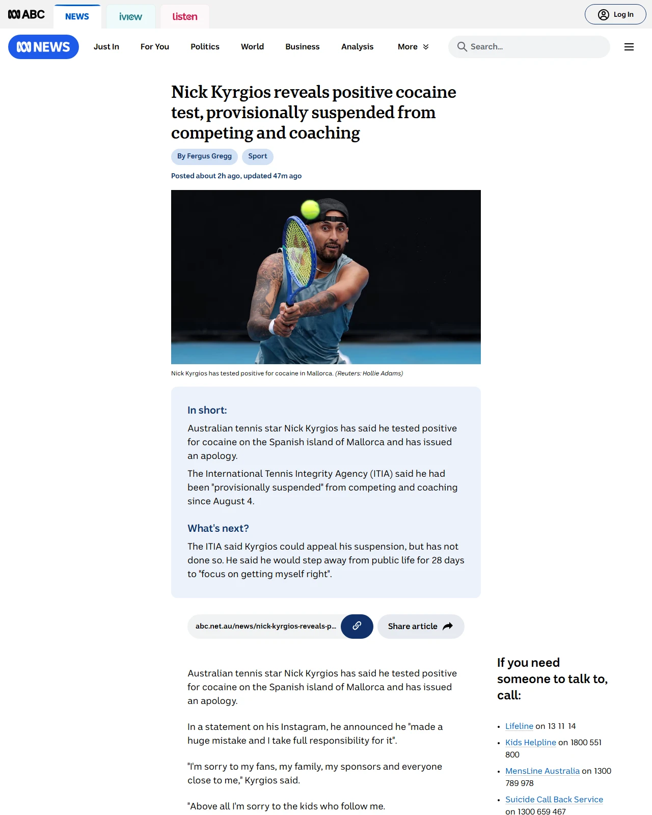 abc.net.au as published: Kyrgios provisionally suspended after positive cocaine test in Spain