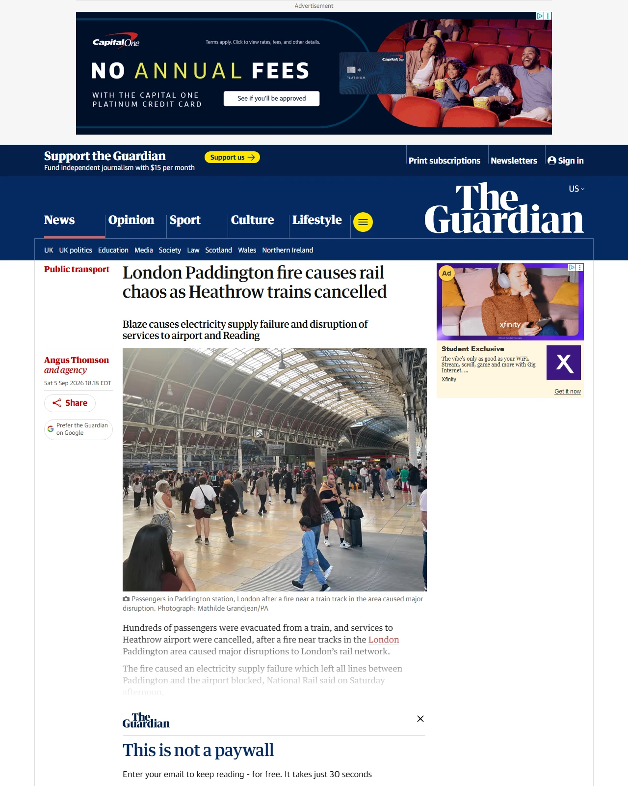 theguardian.com as published: London Paddington fire causes rail chaos as Heathrow trains cancelled