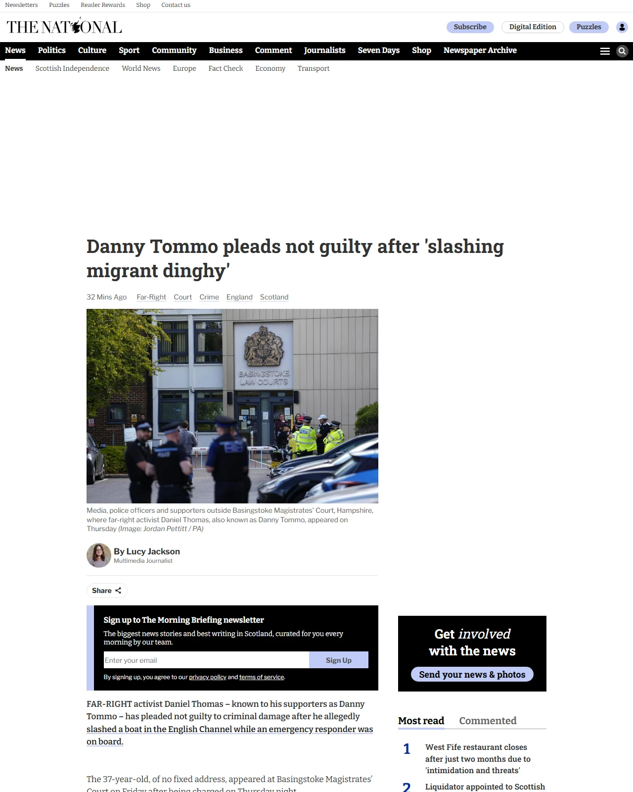 thenational.scot as published: Far-right activist Danny Tommo pleads not guilty after 'slashing Channel dinghy'