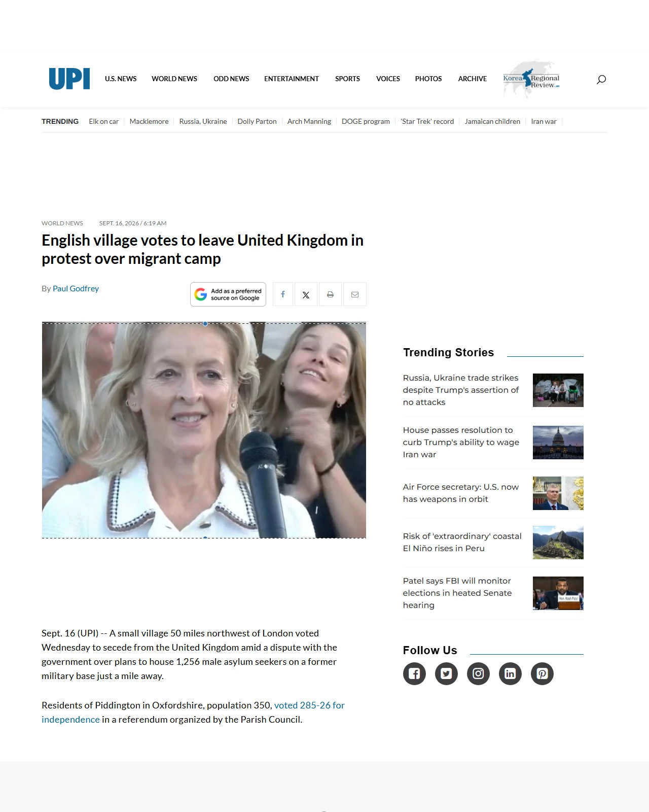 upi.com as published: English village votes to leave United Kingdom in protest over migrant camp
