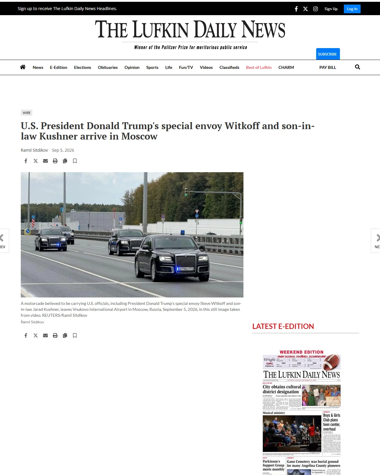 lufkindailynews.com as published: U.S. President Donald Trump's special envoy Witkoff and son-in-law Kushner arrive in Moscow
