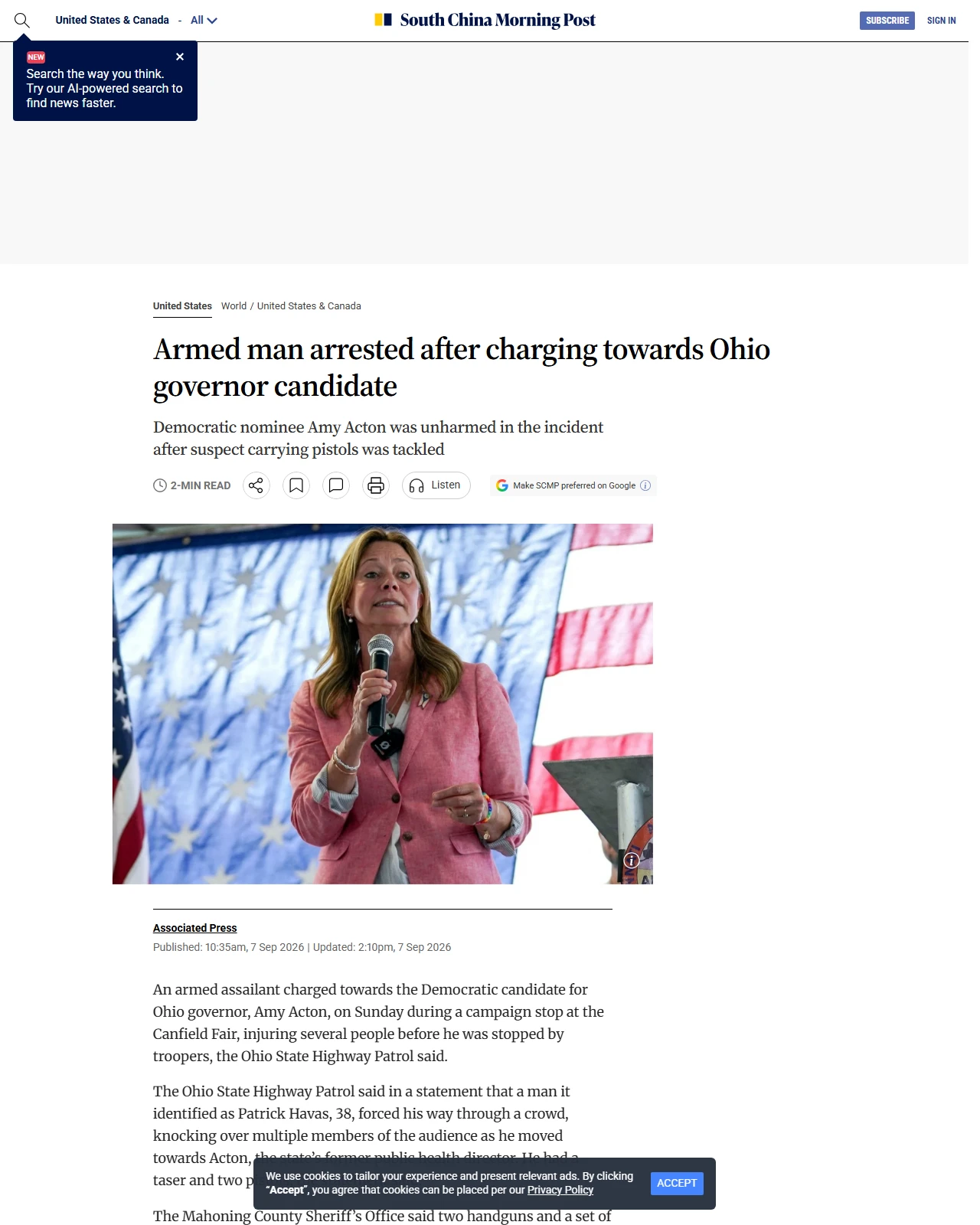 scmp.com as published: Armed man arrested after charging towards Ohio governor candidate