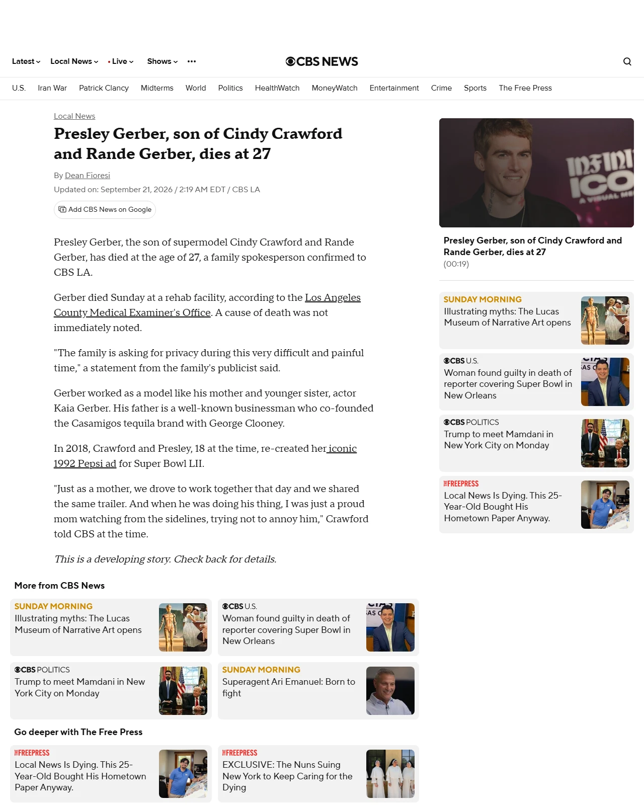 cbsnews.com as published: Presley Gerber, son of Cindy Crawford and Rande Gerber, dies at 27