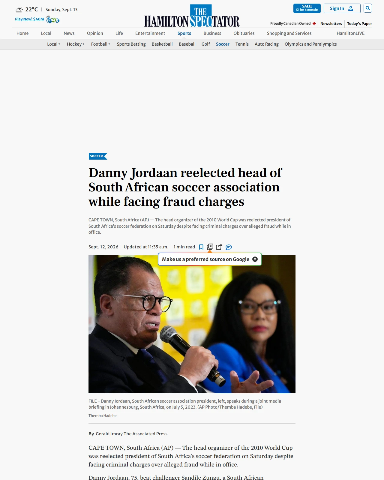 thespec.com as published: Danny Jordaan reelected head of South African soccer association while facing fraud charges