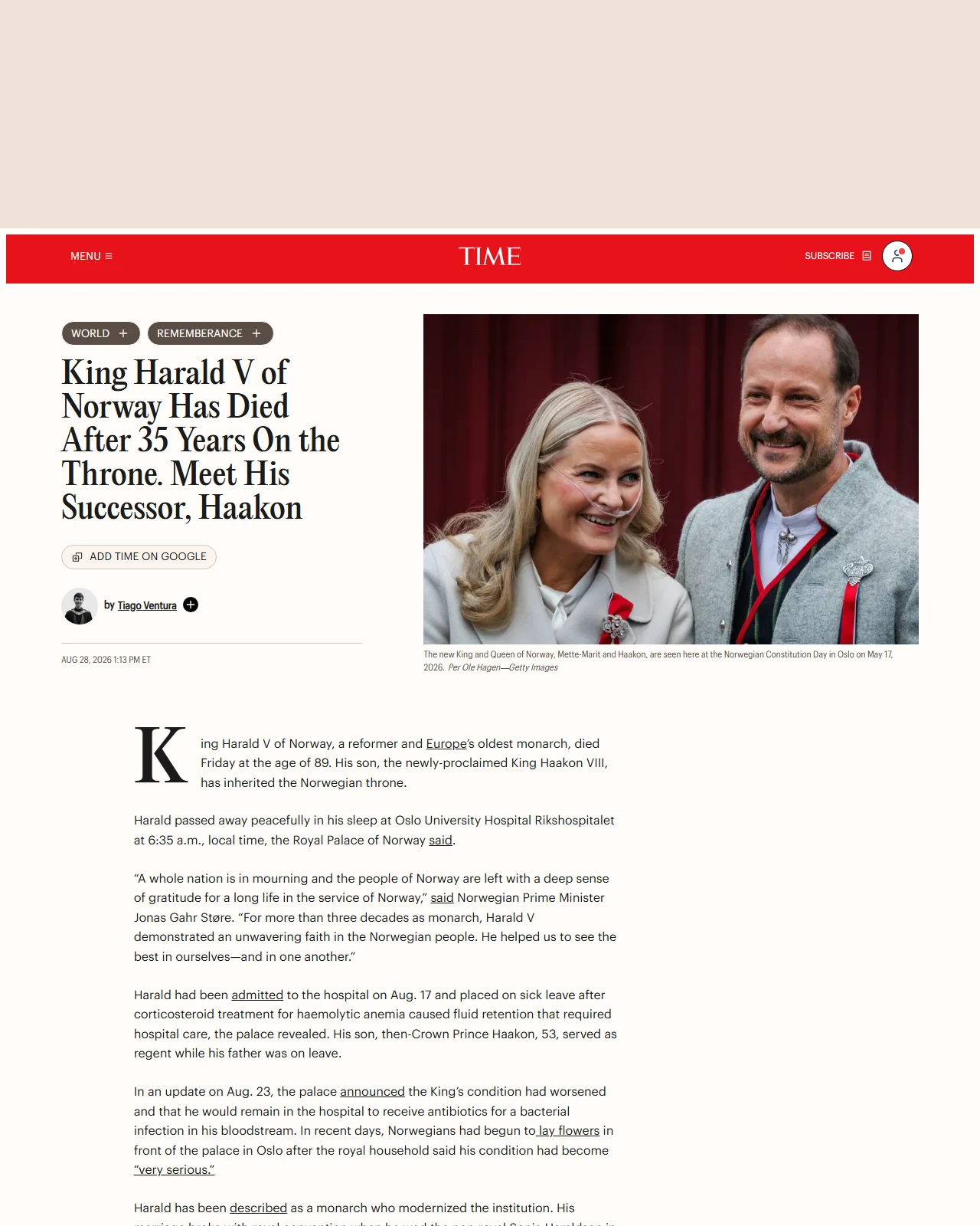 time.com as published: King Harald V of Norway Has Died After 35 Years On the Throne. Meet His Successor, Haakon