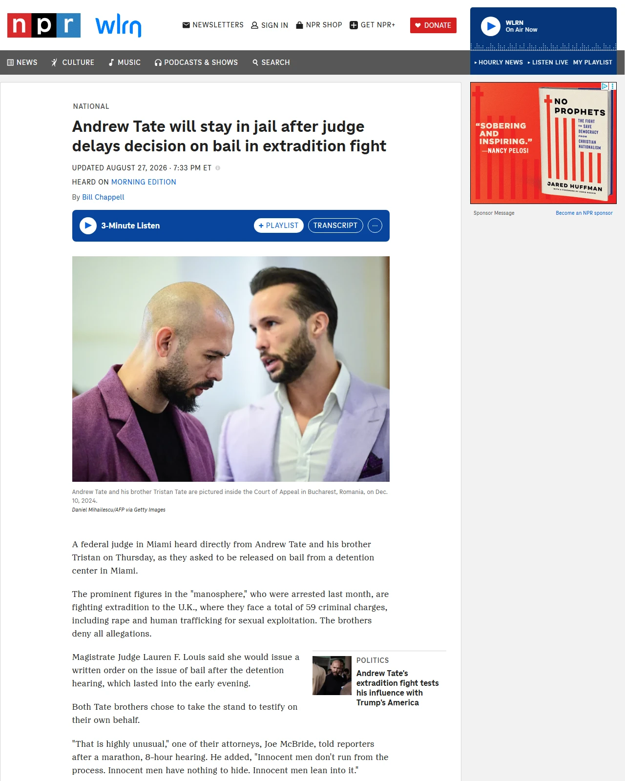 npr.org as published: Andrew Tate will stay in jail after judge delays decision on bail in extradition fight