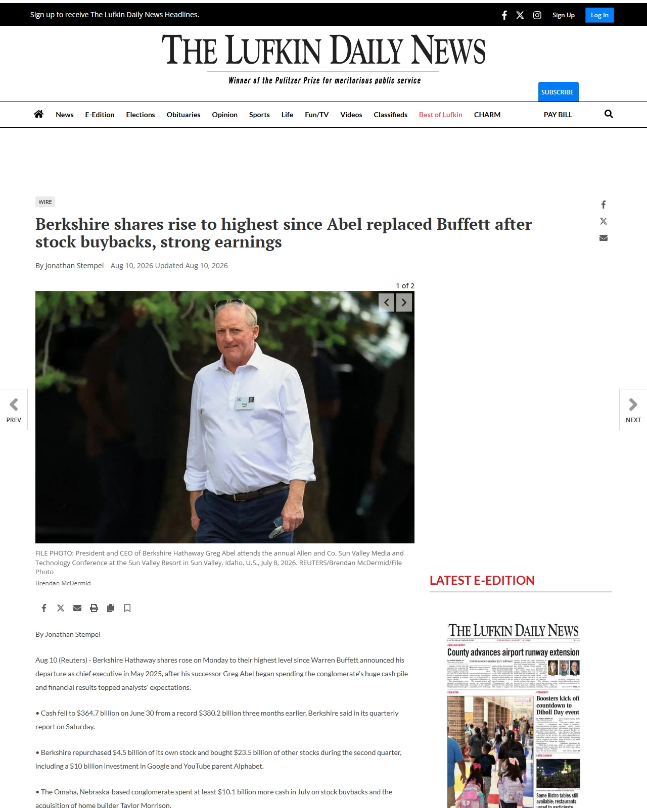 lufkindailynews.com as published: Berkshire shares rise to highest since Abel replaced Buffett after stock buybacks, strong earnings