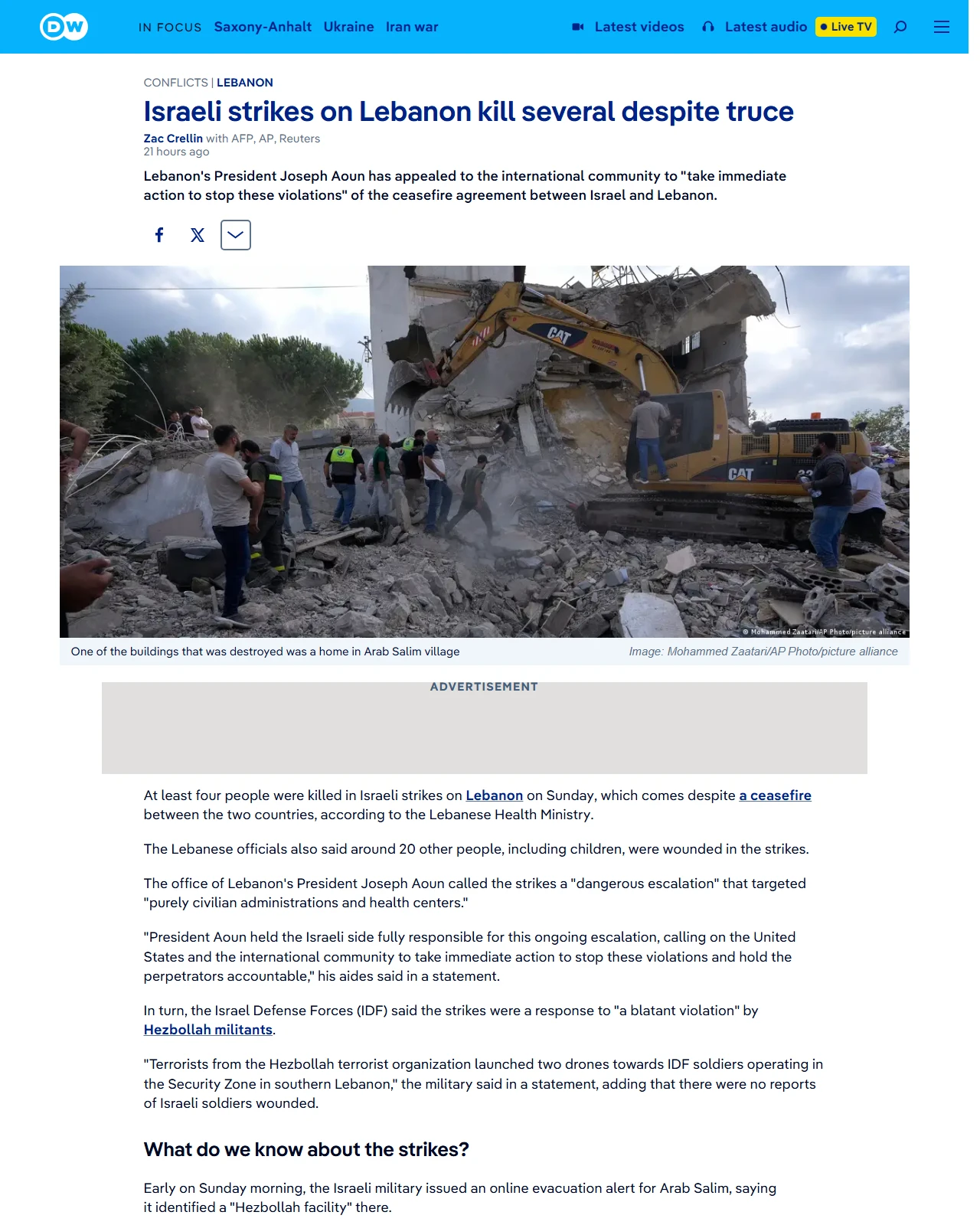 dw.com as published: Israeli strikes on Lebanon kill several despite truce