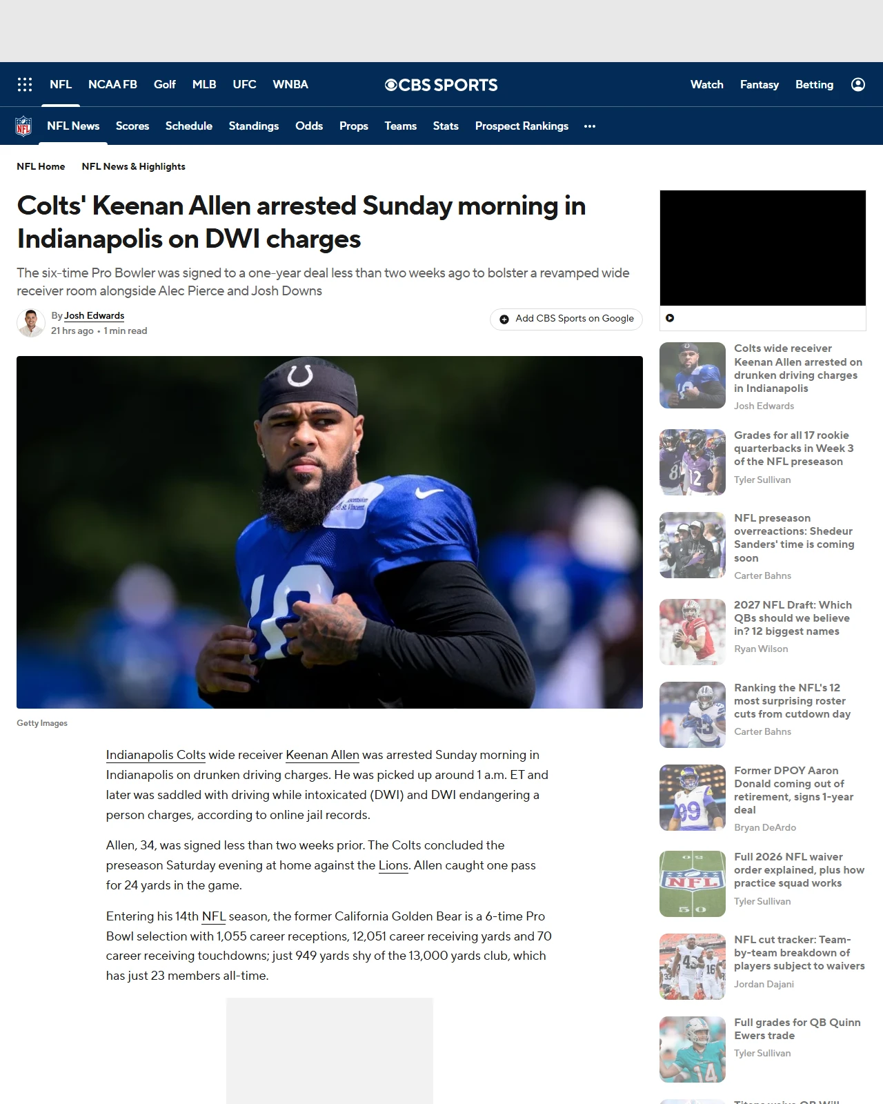 cbssports.com as published: Colts' Keenan Allen arrested Sunday morning in Indianapolis on DWI charges