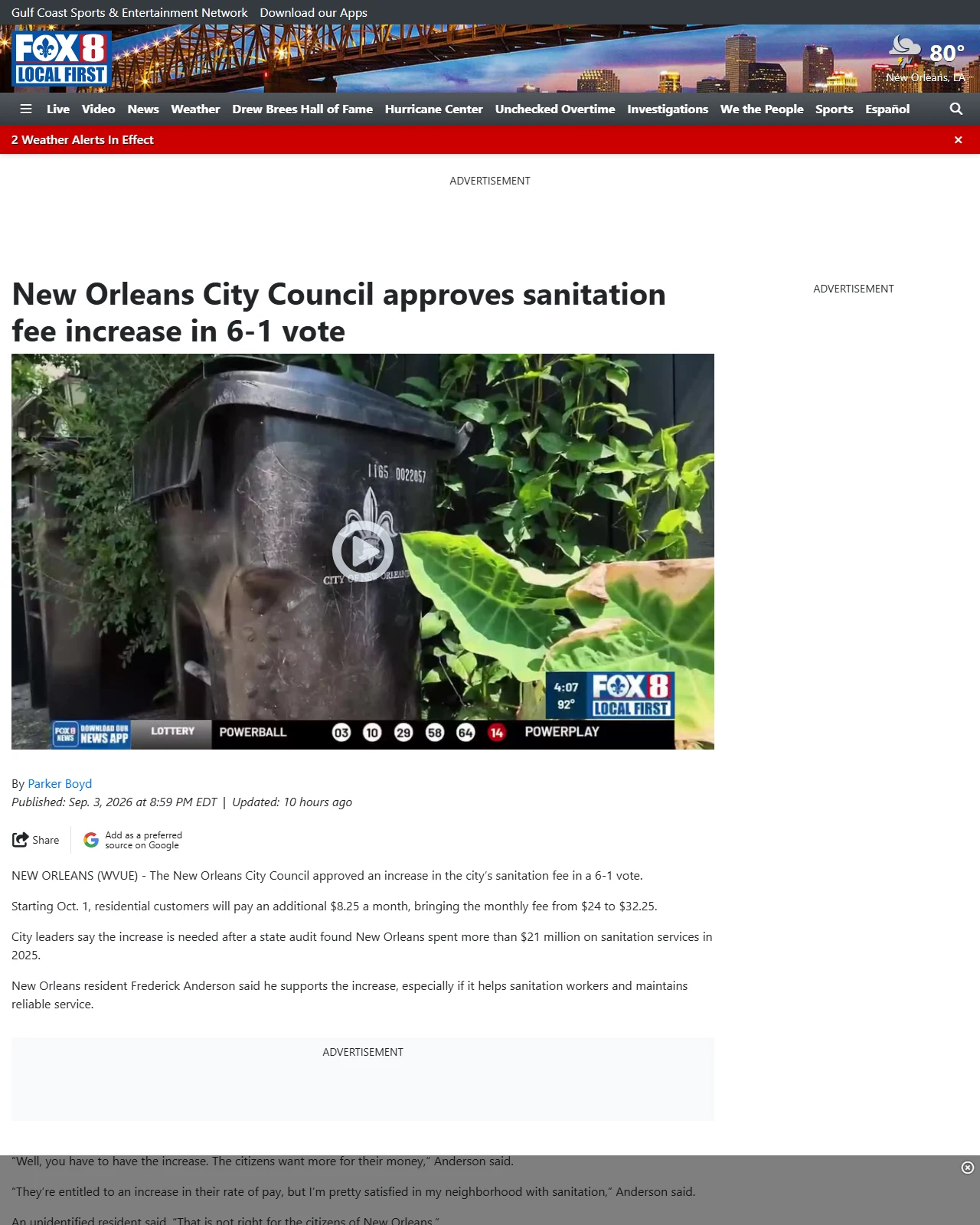 fox8live.com as published: New Orleans City Council approves sanitation fee increase in 6-1 vote