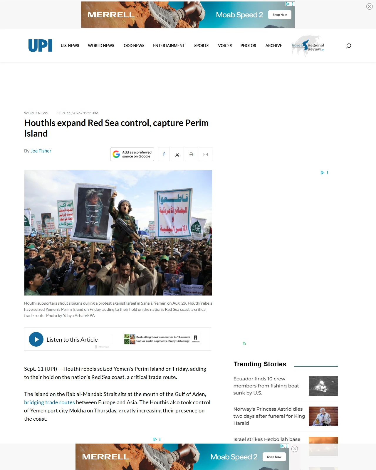 upi.com as published: Houthis expand Red Sea control, capture Perim Island