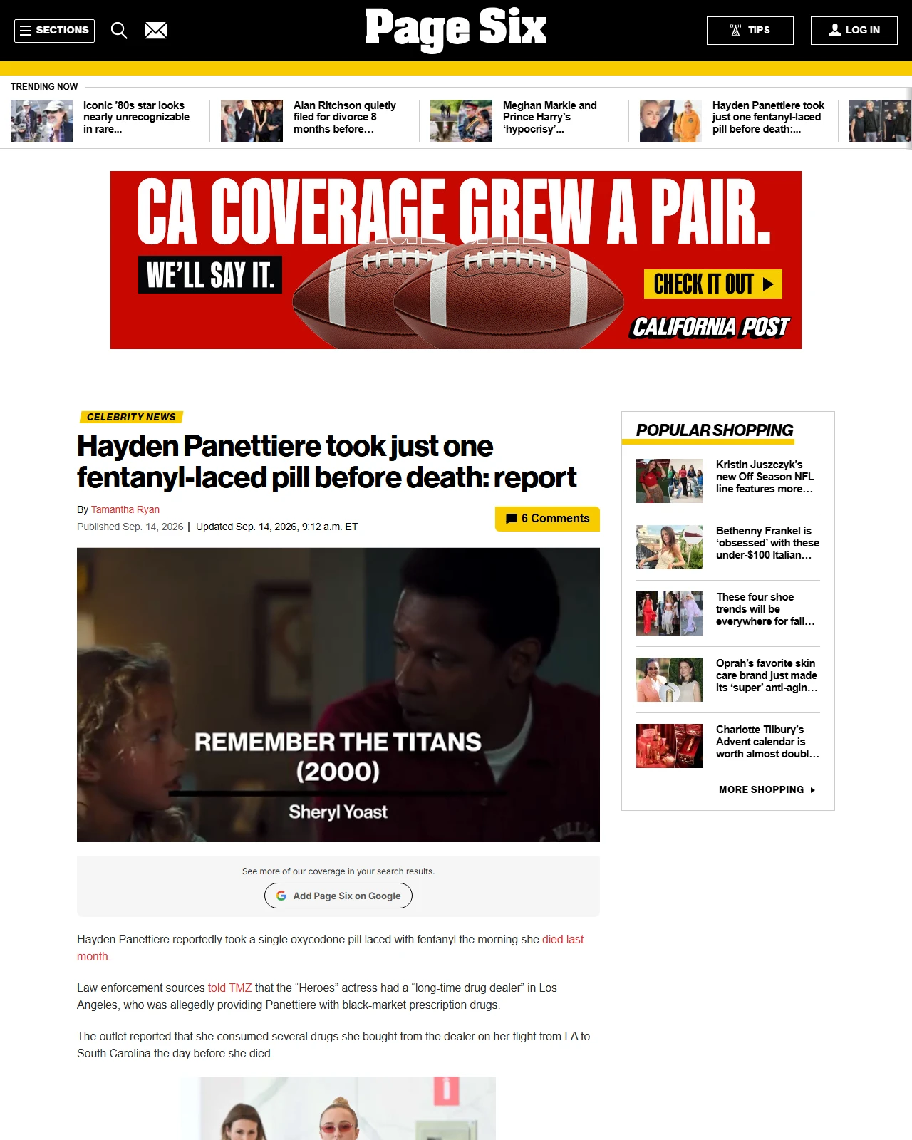 pagesix.com as published: Hayden Panettiere took just one fentanyl-laced pill before death: report