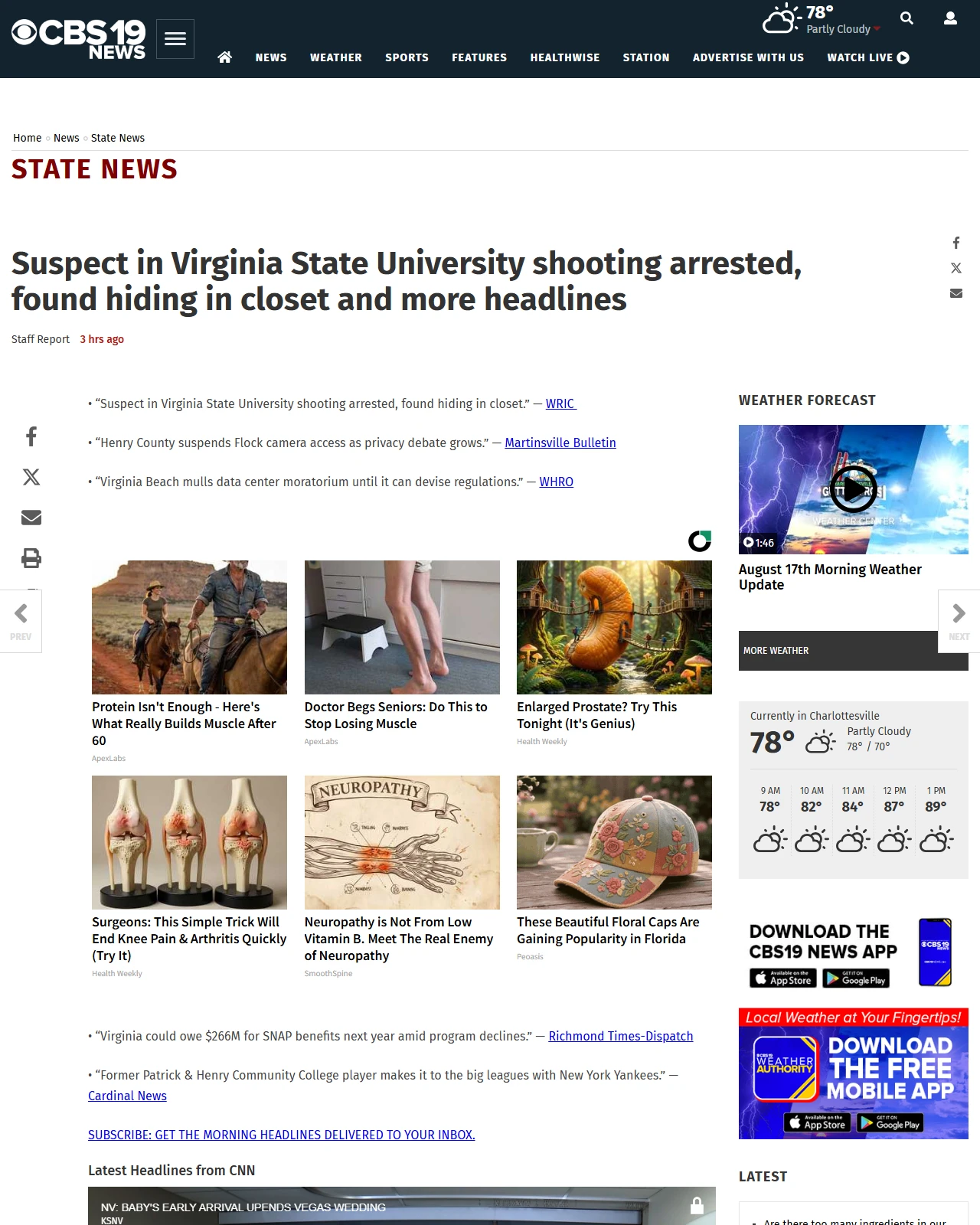 cbs19news.com as published: Suspect in Virginia State University shooting arrested, found hiding in closet and more headlines