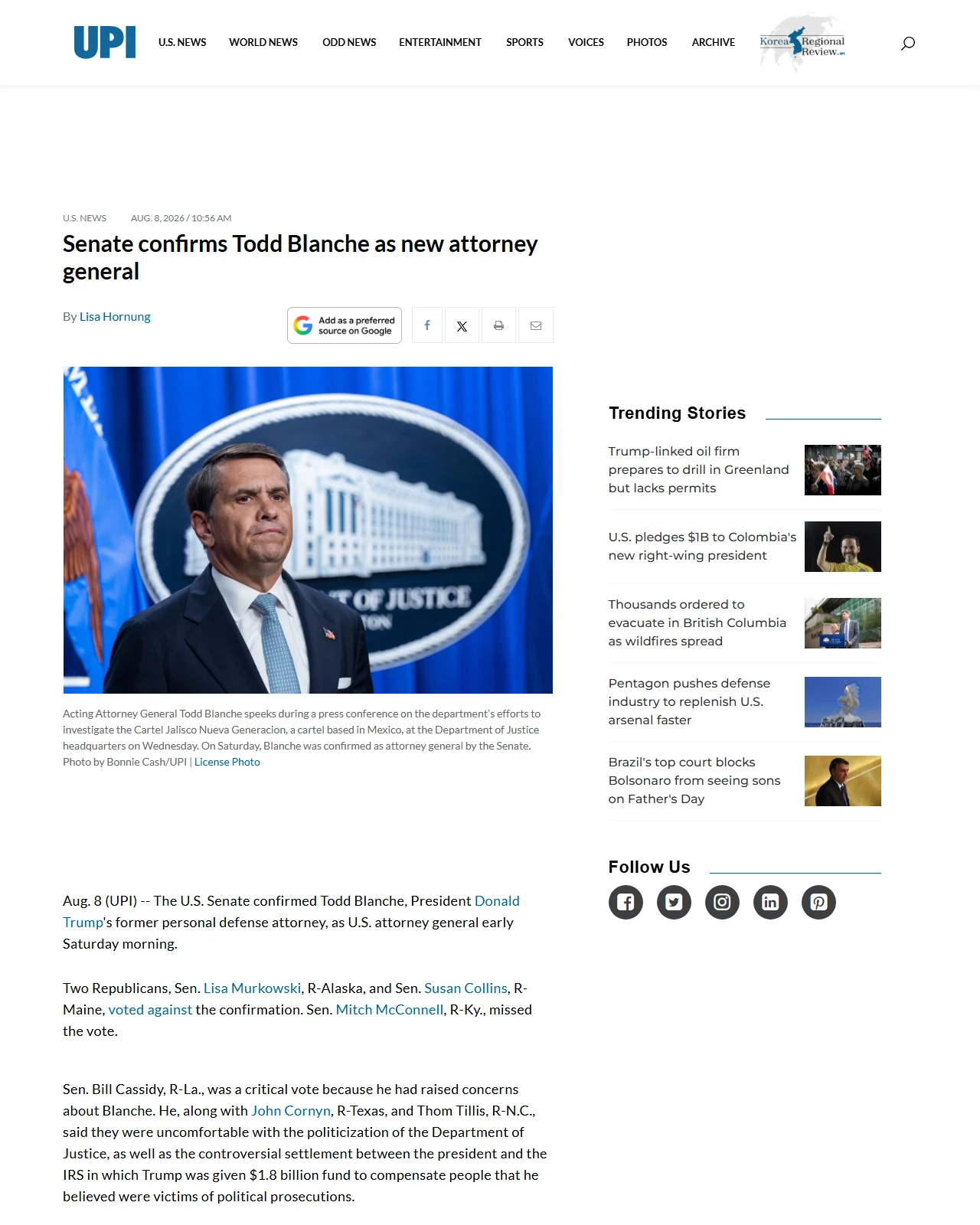 upi.com as published: Senate confirms Todd Blanche as new attorney general