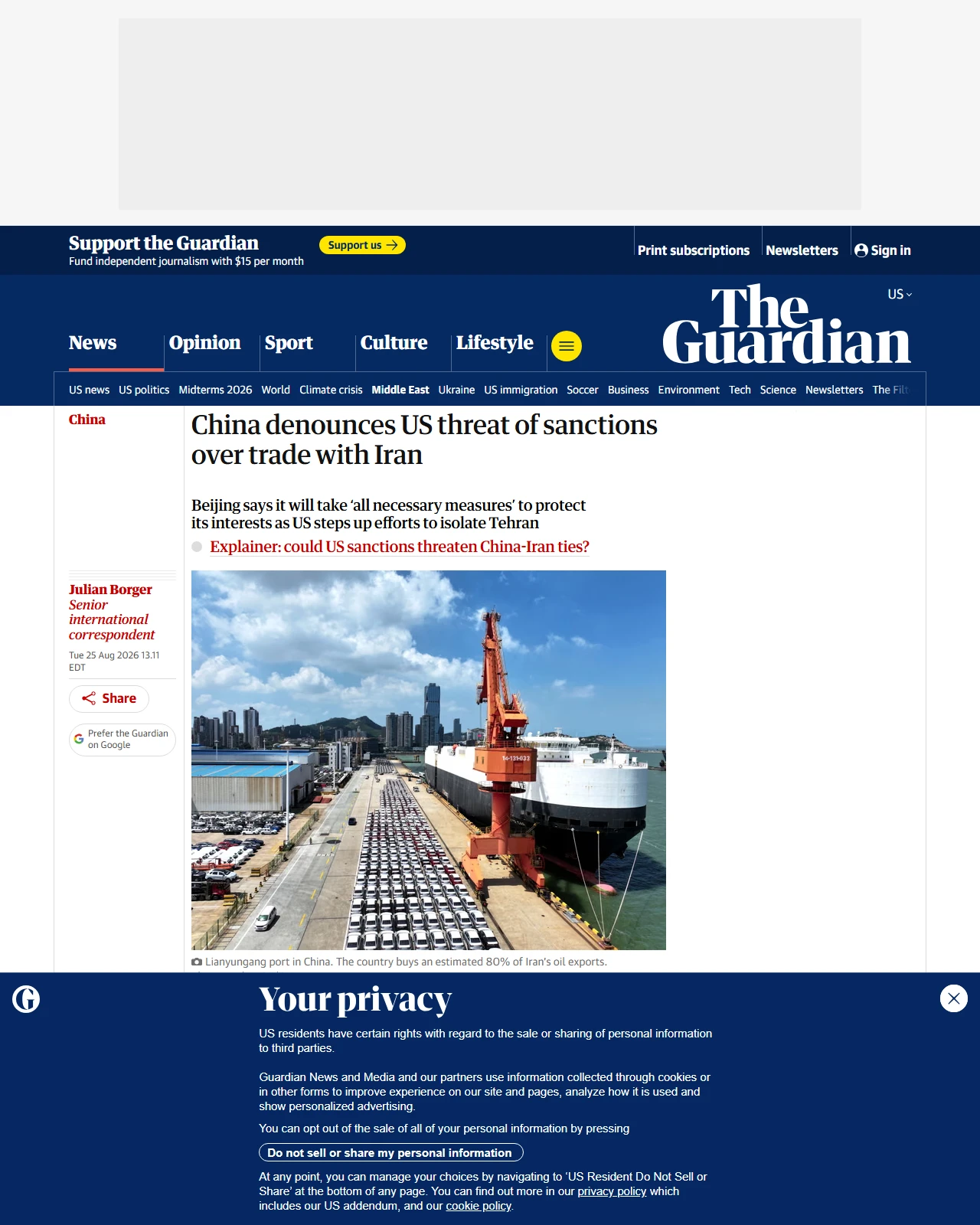 theguardian.com as published: China denounces US threat of sanctions over trade with Iran