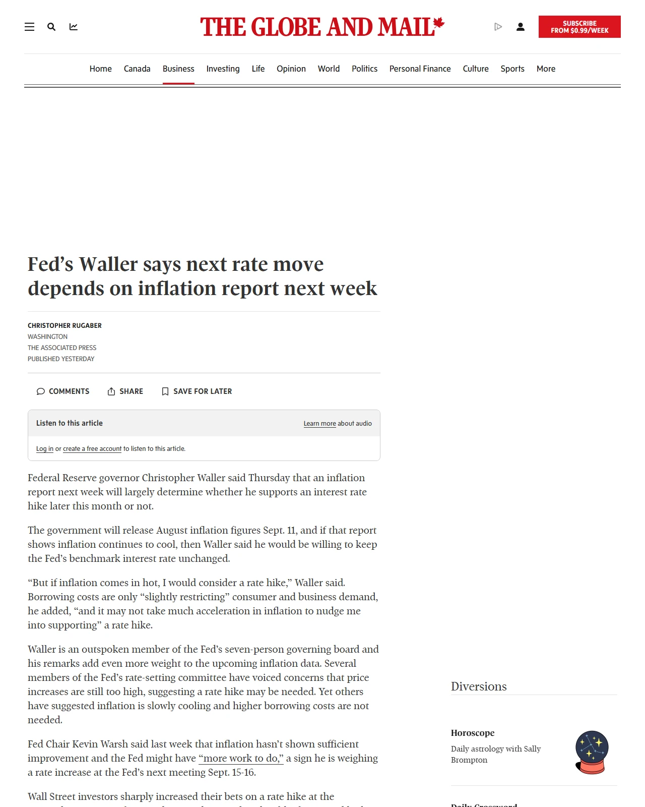 theglobeandmail.com as published: Fed’s Waller says next rate move depends on inflation report next week