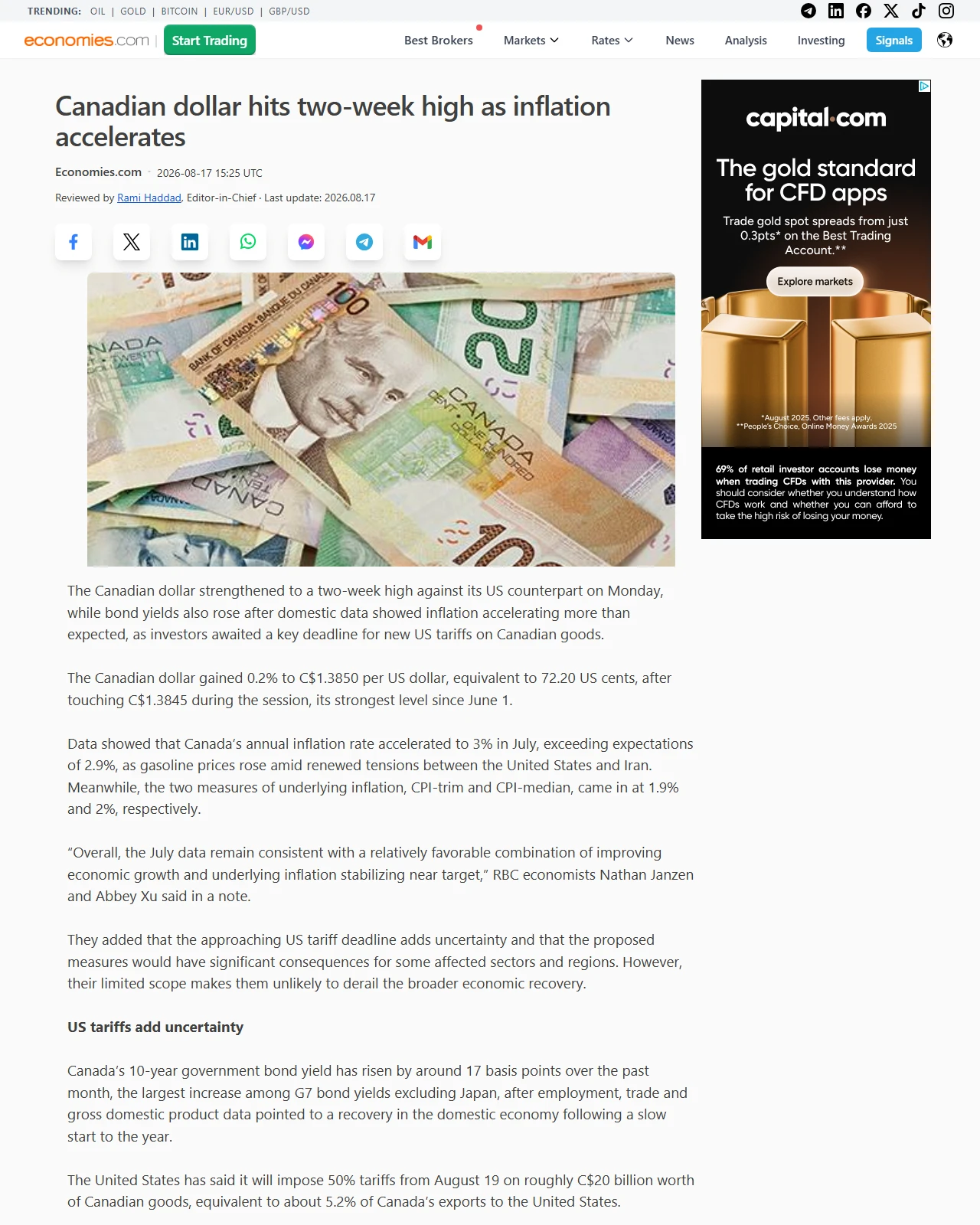 economies.com as published: Canadian dollar hits two-week high as inflation accelerates
