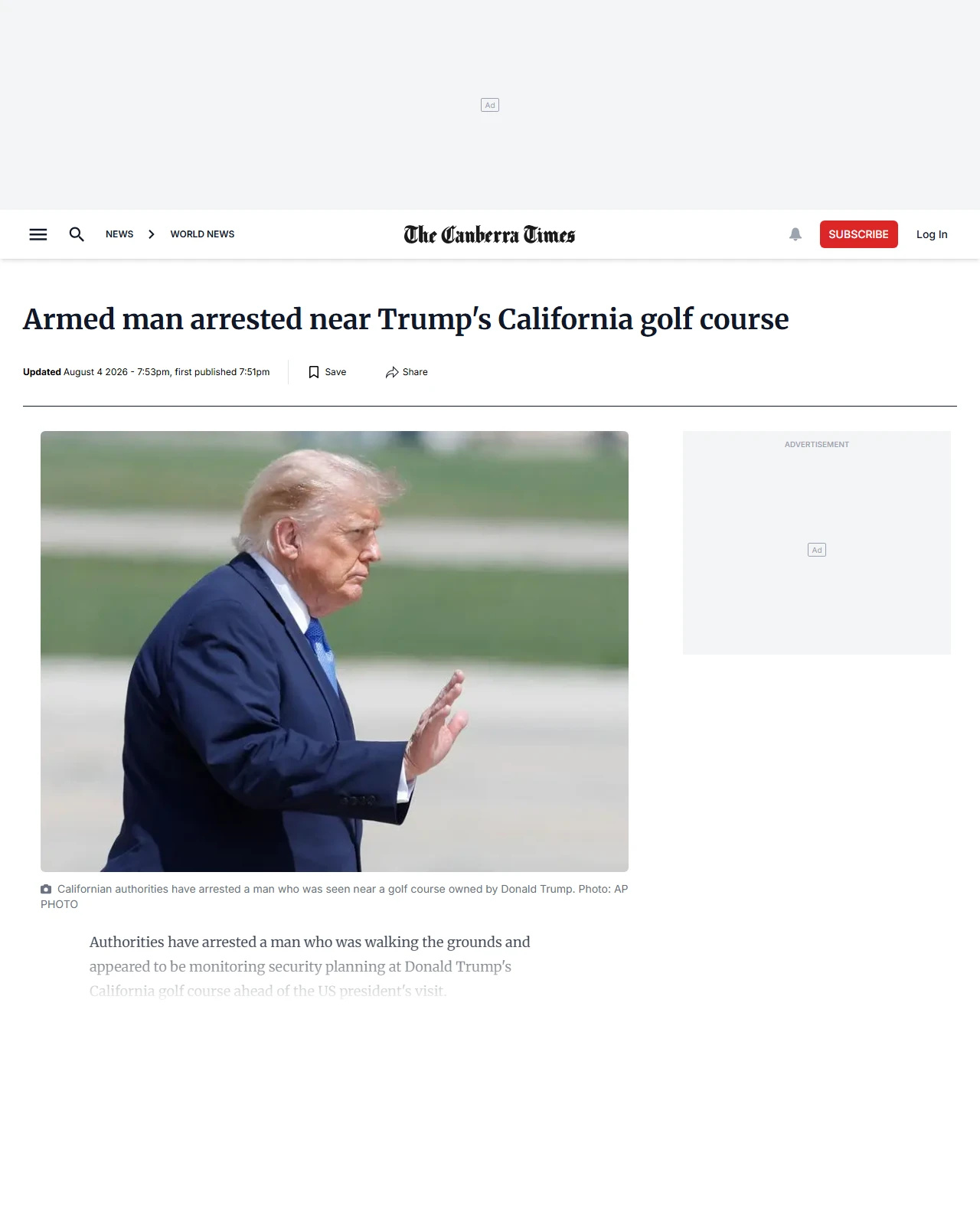 canberratimes.com.au as published: Armed man arrested near Trump's California golf course